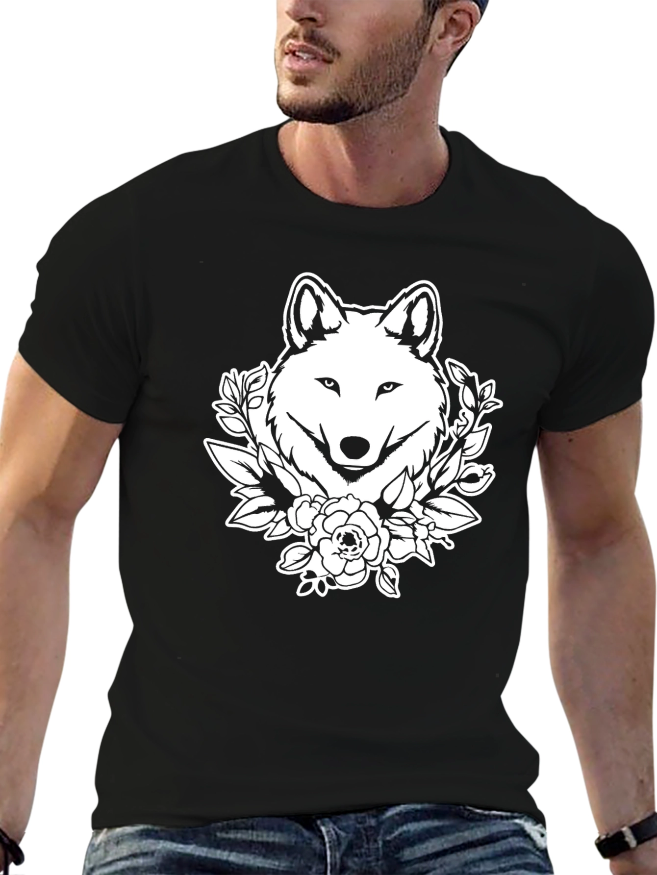 Wolf Floral Graphic T-Shirt - Black