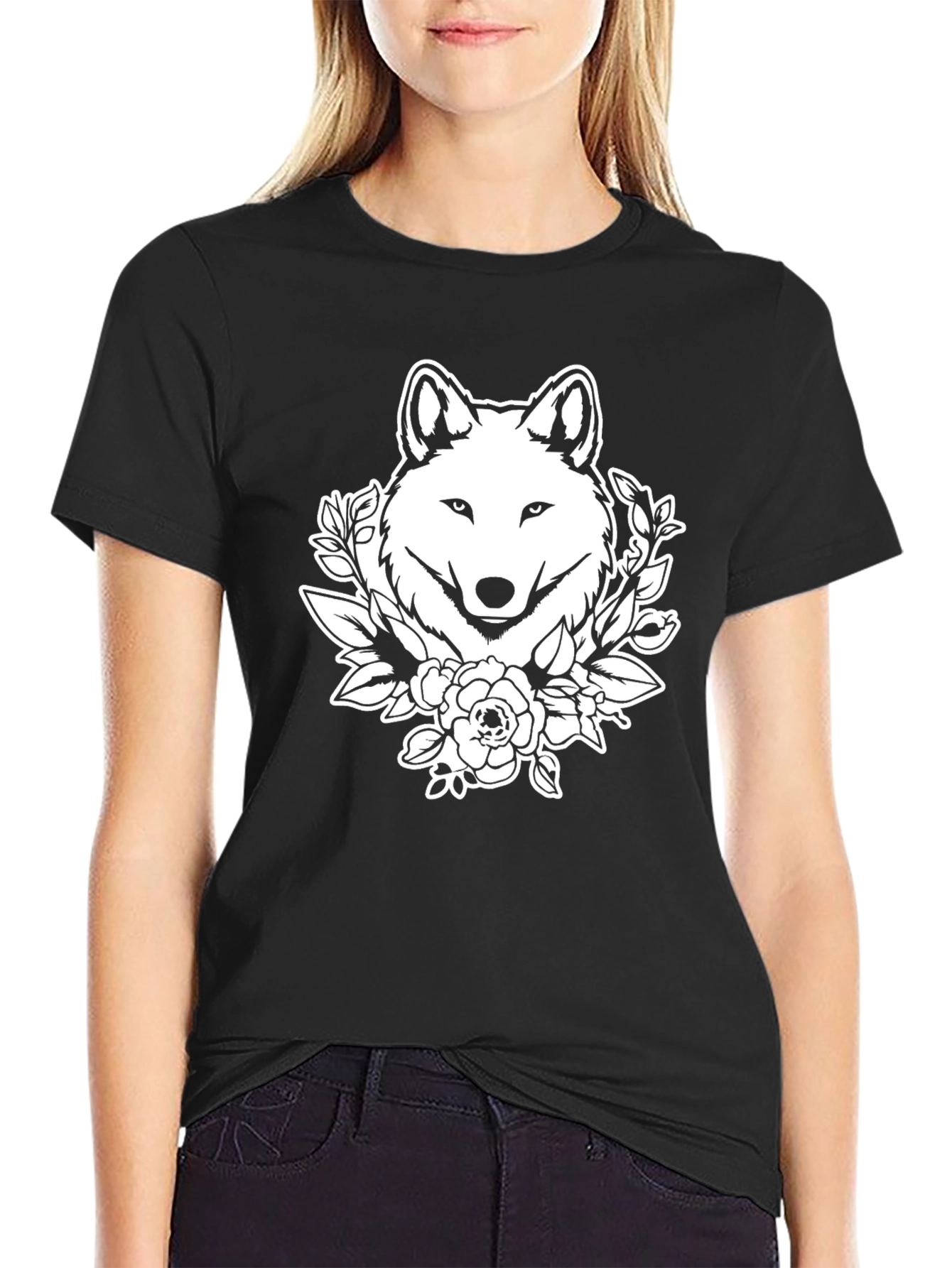 Wolf Floral Graphic T-Shirt - Black