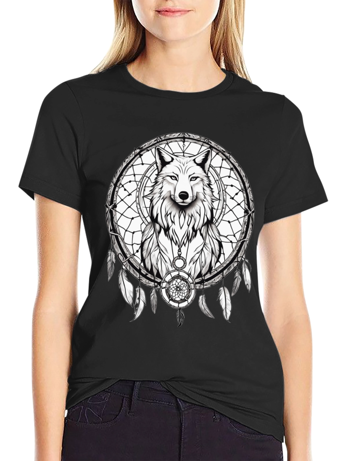 Wolf Dreamcatcher Graphic Tee - Black