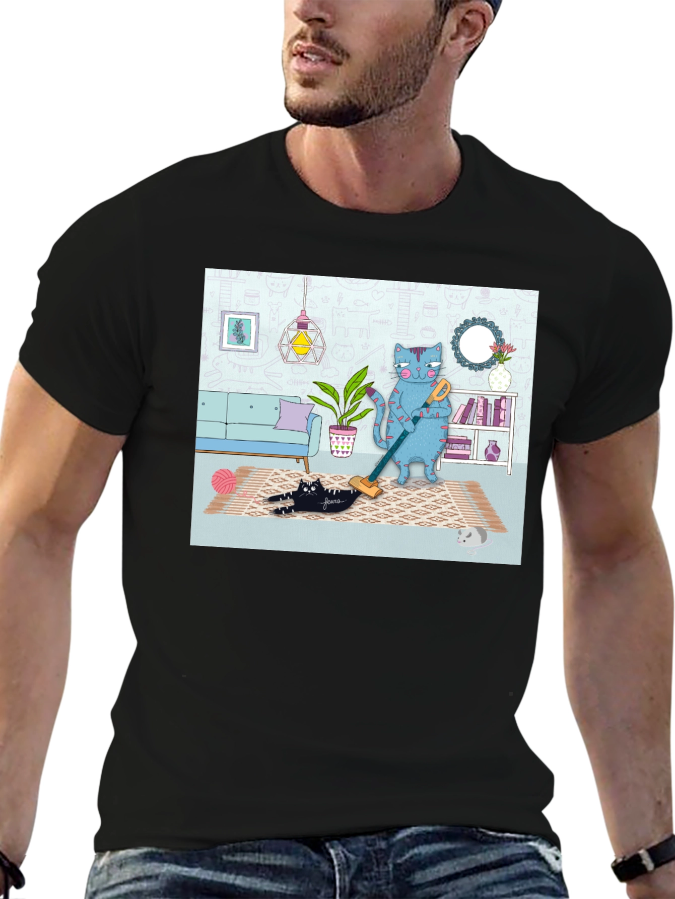 Cat Vacuuming T-Shirt - Funny Cat Design