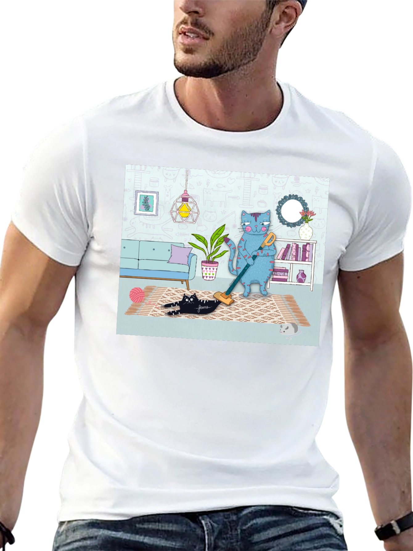 Cat Vacuuming T-Shirt - Funny Cat Design