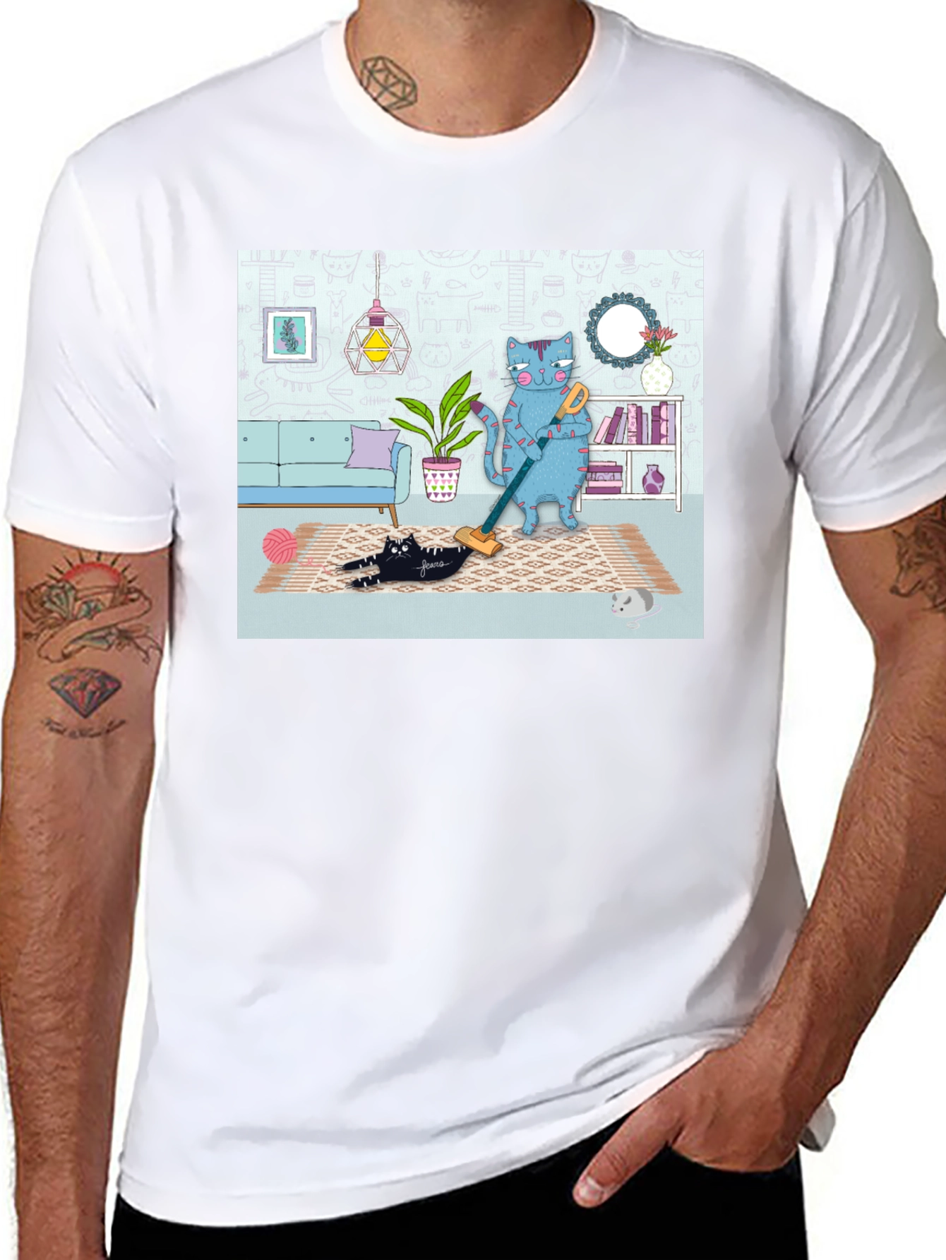 Cat Vacuuming T-Shirt - Funny Cat Design