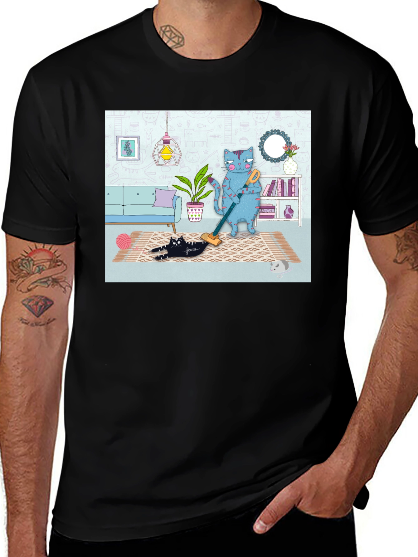 Cat Vacuuming T-Shirt - Funny Cat Design