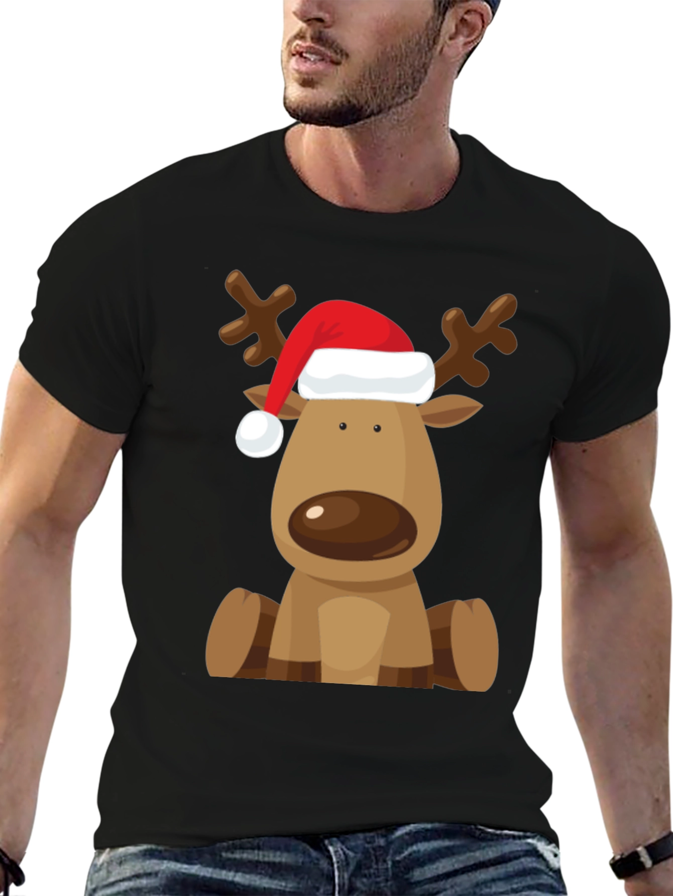 Reindeer Santa Hat Black T-Shirt
