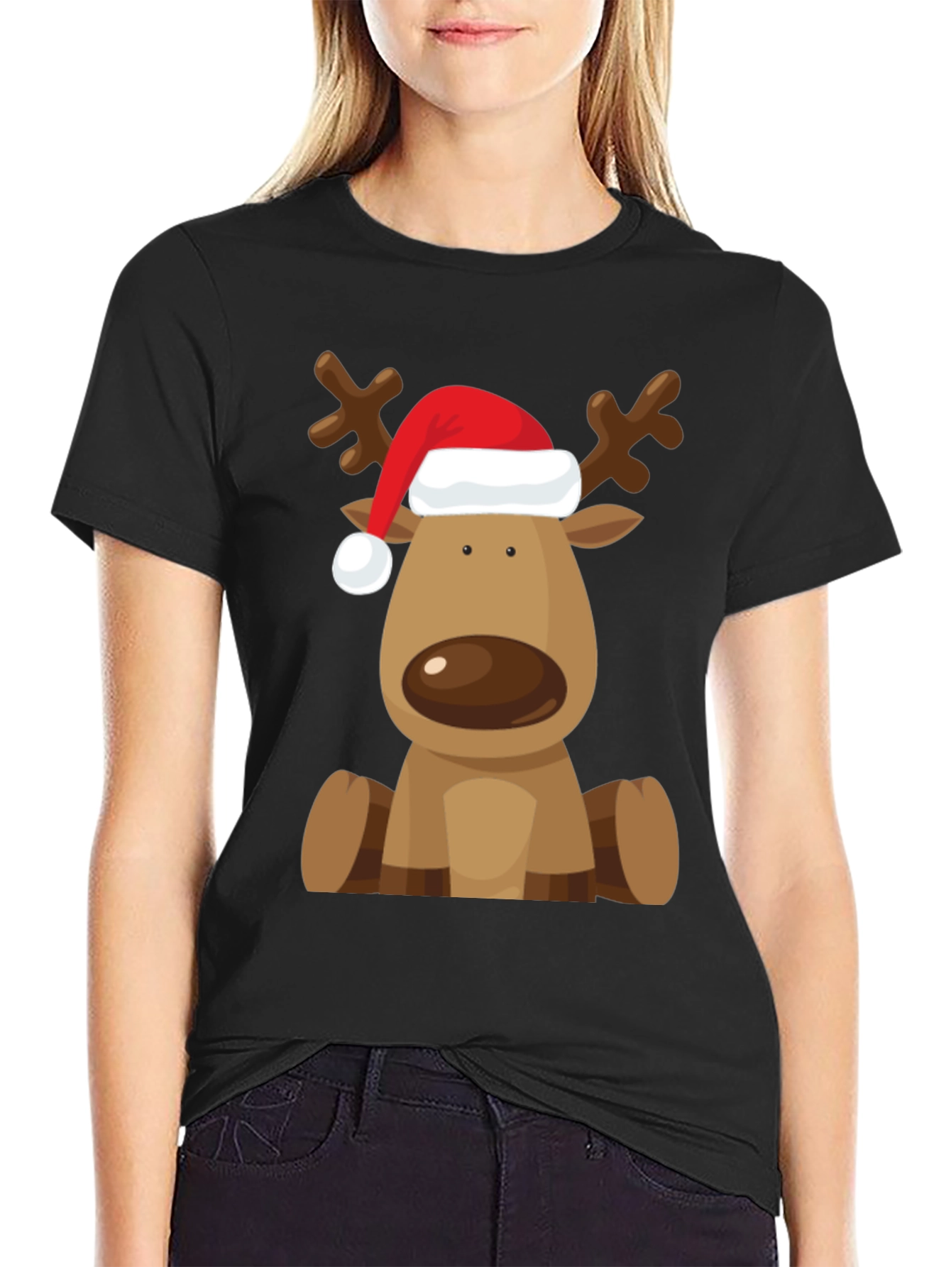 Reindeer Santa Hat Black T-Shirt