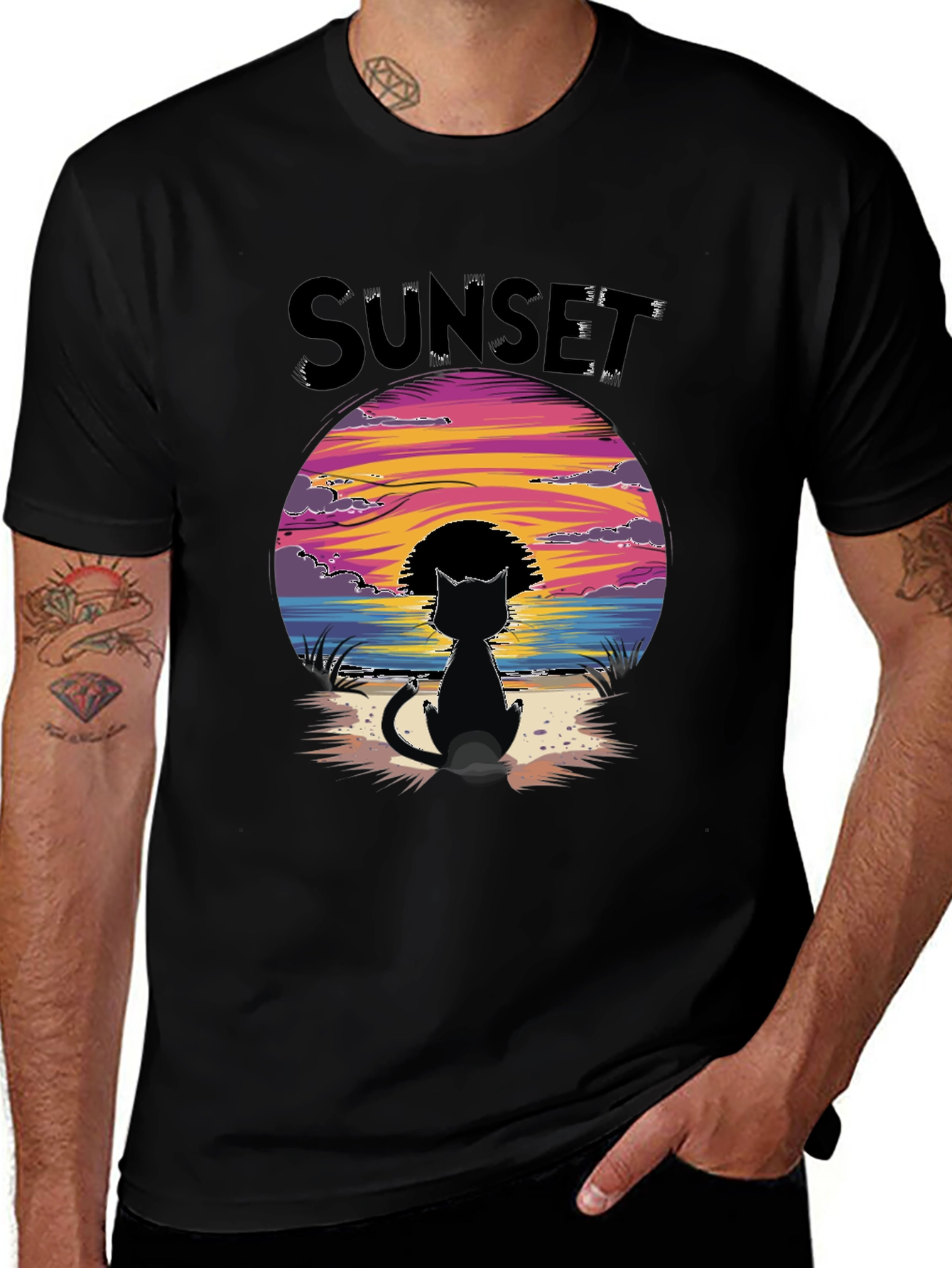 Sunset Cat Graphic Tee - Beach Vibes