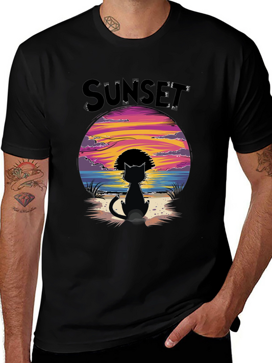 Sunset Cat Graphic Tee - Beach Vibes