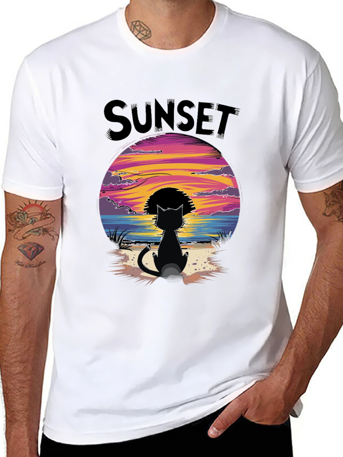 Sunset Cat Graphic Tee - Beach Vibes