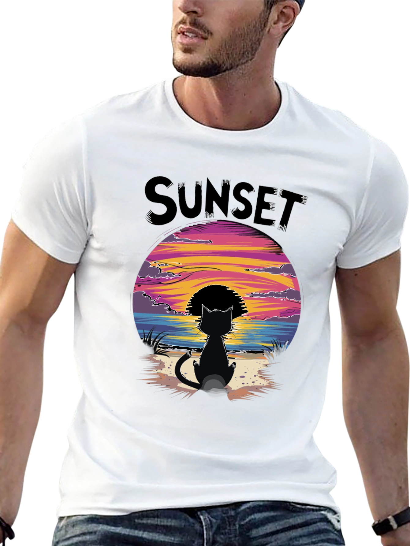 Sunset Cat Graphic Tee - Beach Vibes