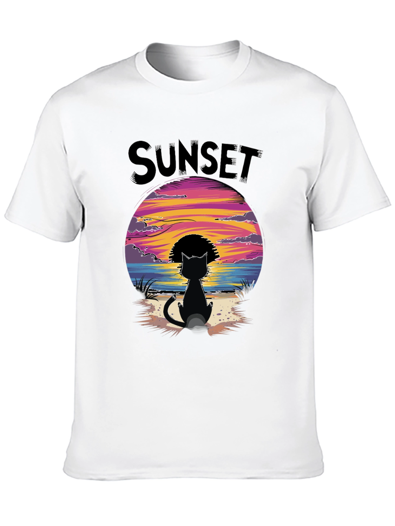 Sunset Cat Graphic Tee - Beach Vibes