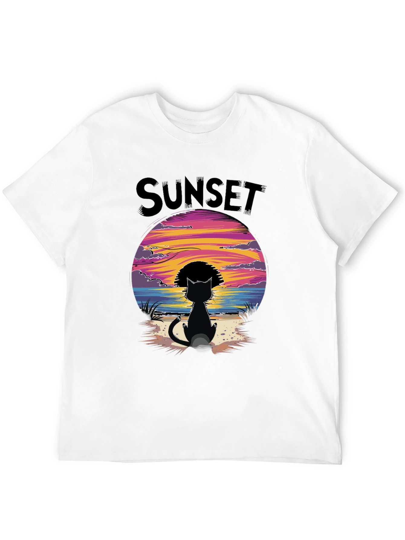 Sunset Cat Graphic Tee - Beach Vibes