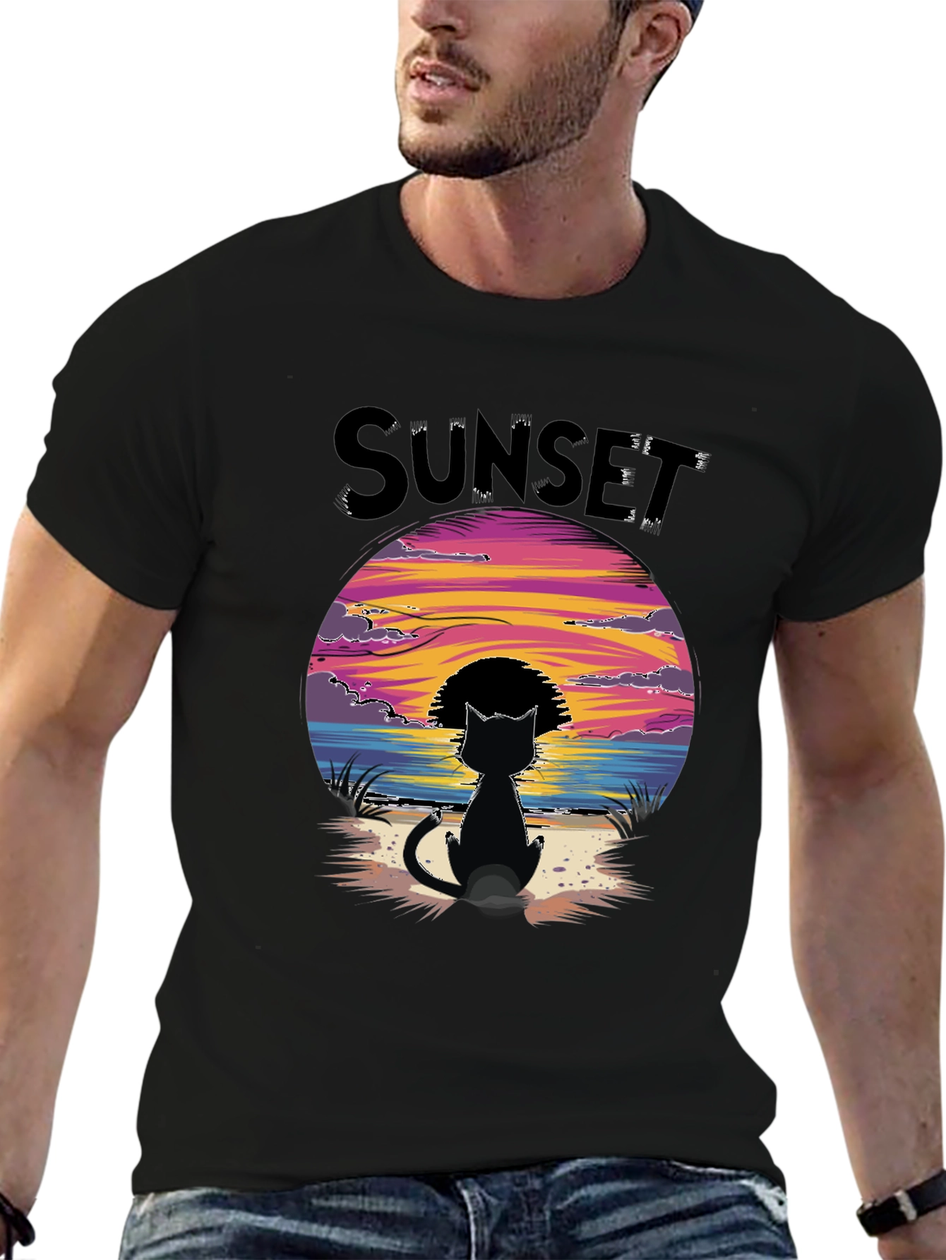 Sunset Cat Graphic Tee - Beach Vibes