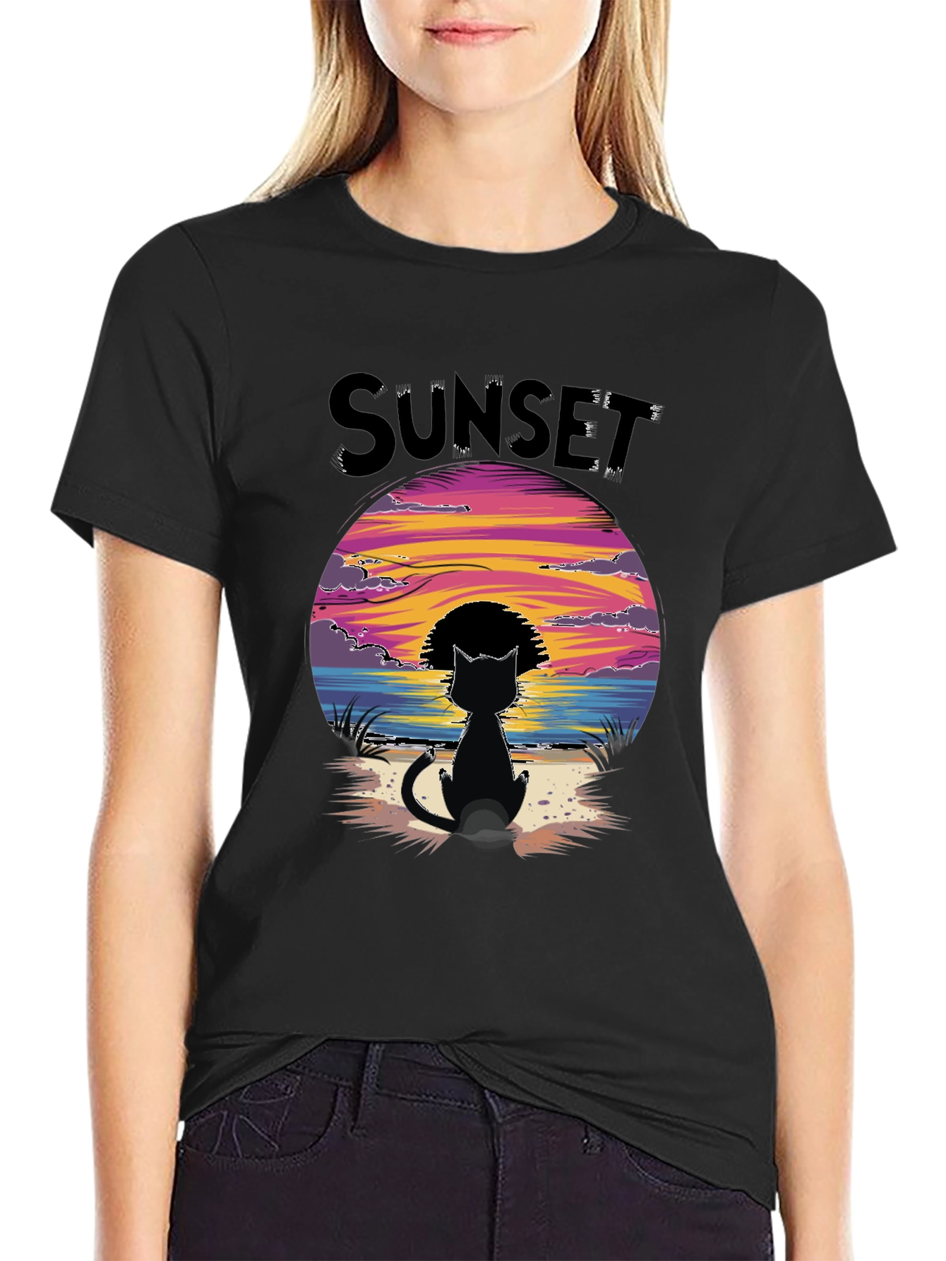 Sunset Cat Graphic Tee - Beach Vibes