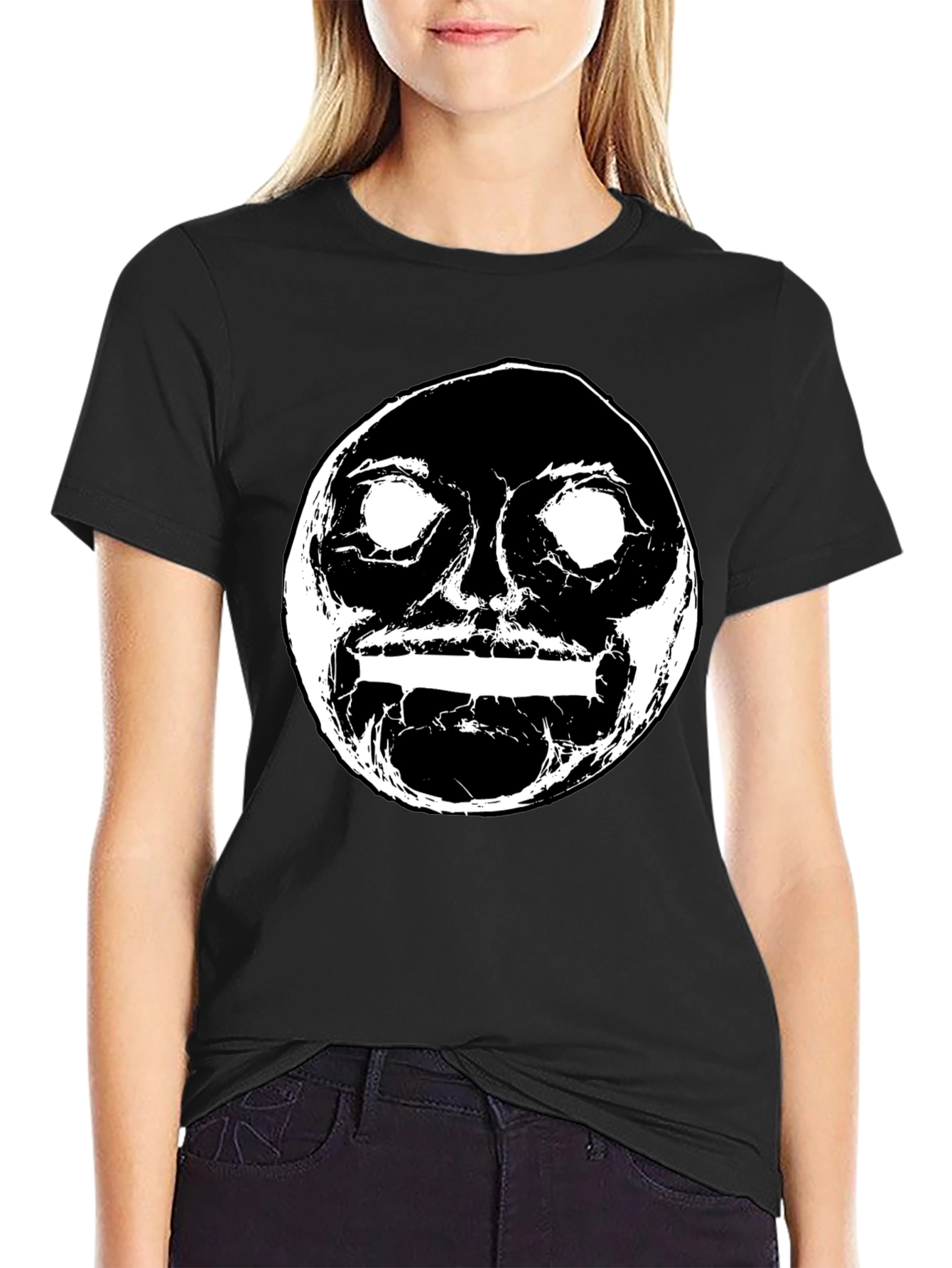 Abstract Face Graphic Black Crewneck T-Shirt