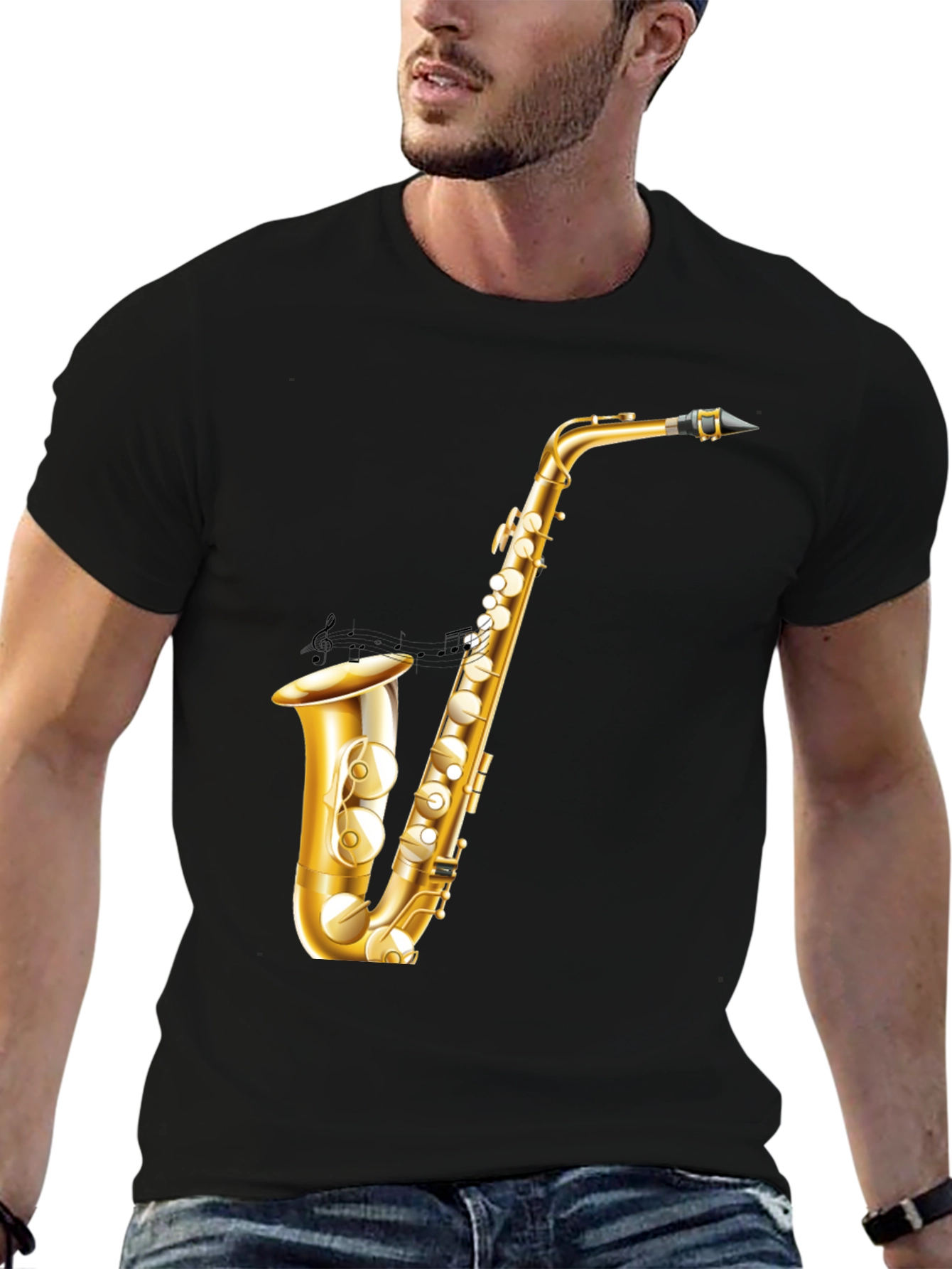Saxophone Graphic Tee - Musician Style Black T-Shirt