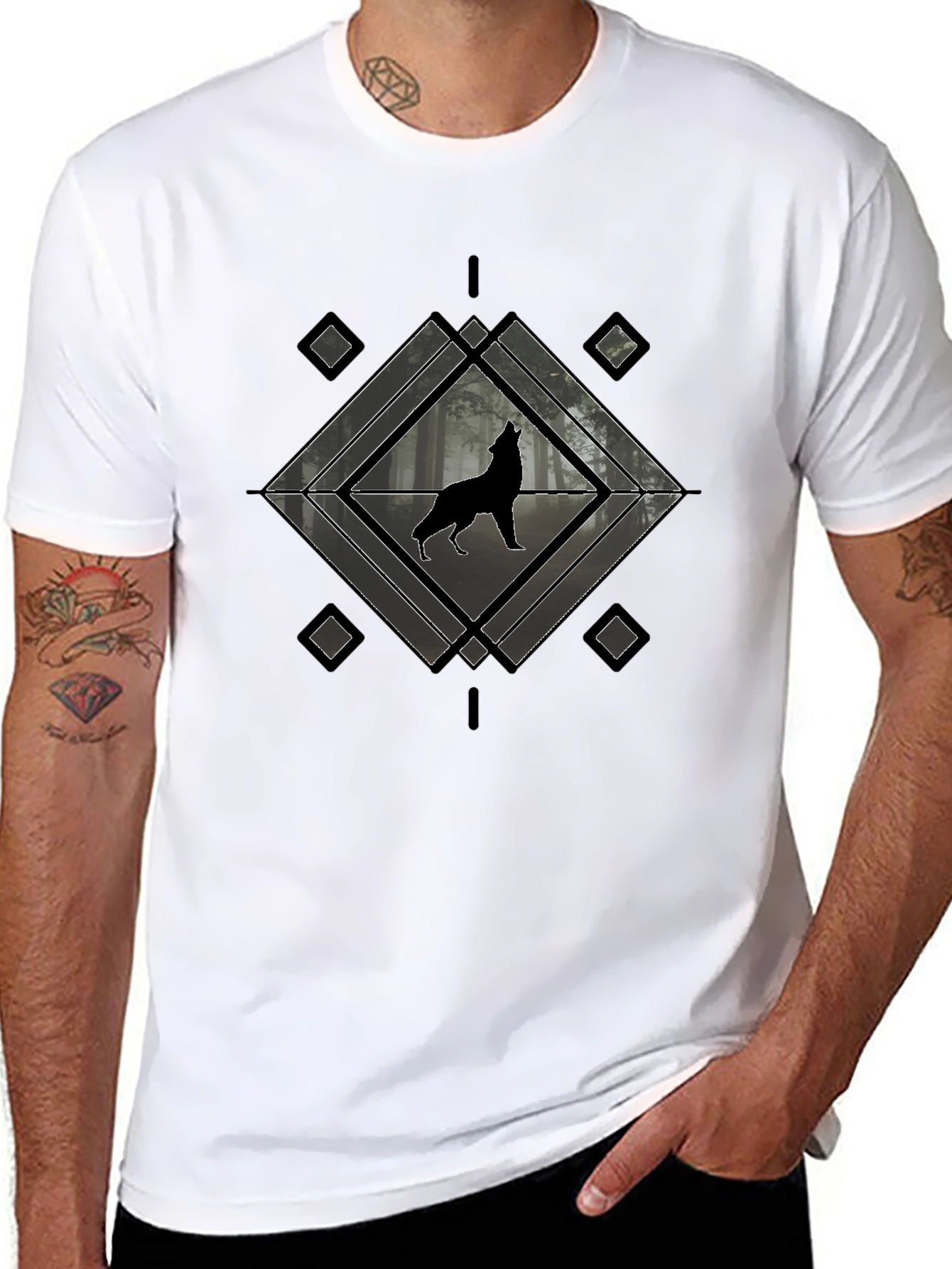 Wolf Howling T-Shirt - Geometric Design