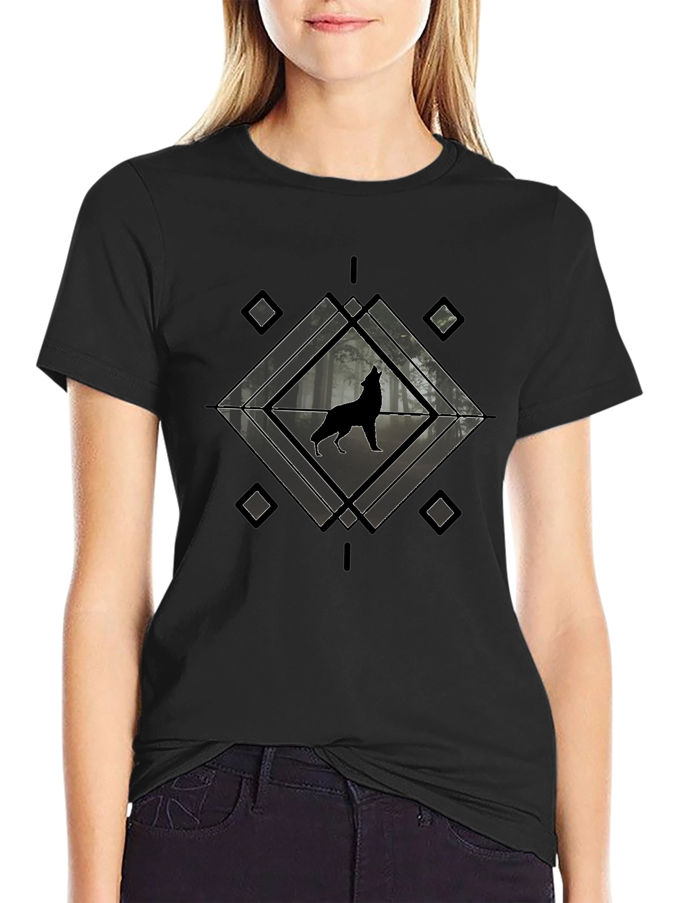 Wolf Howling T-Shirt - Geometric Design