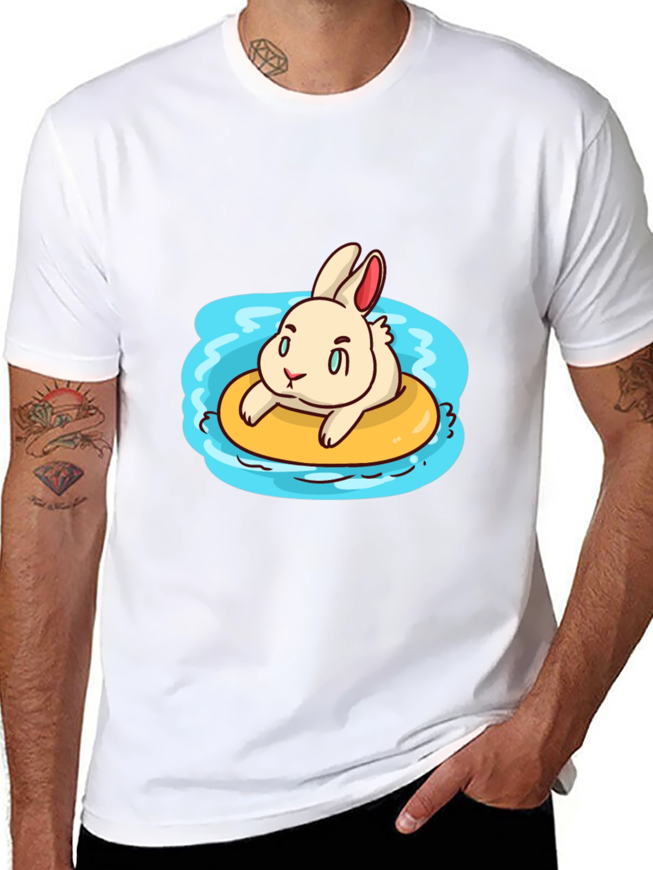 Cartoon Bunny on Float Black T-Shirt