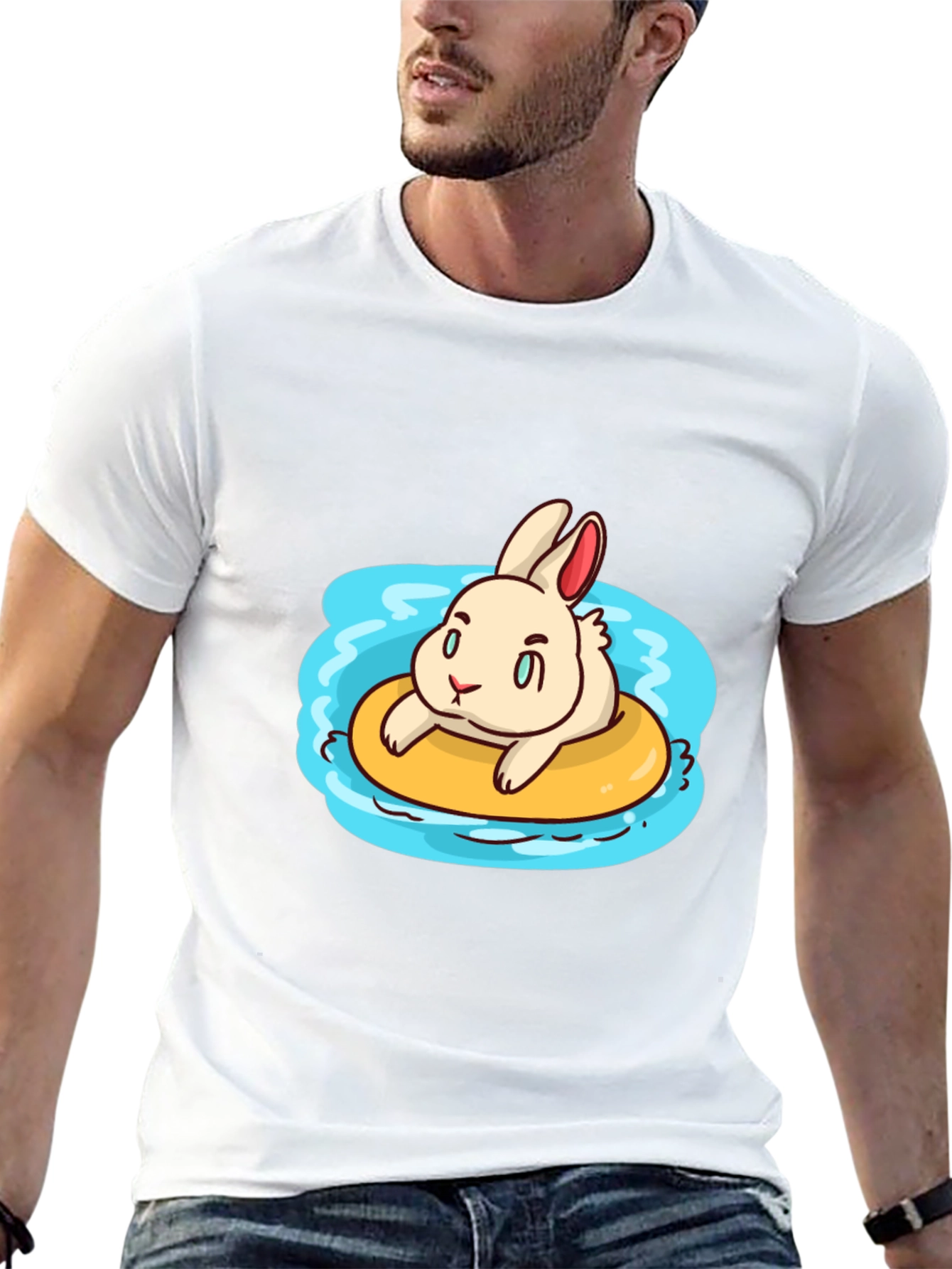 Cartoon Bunny on Float Black T-Shirt