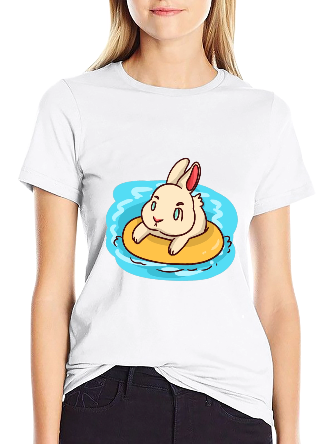 Cartoon Bunny on Float Black T-Shirt