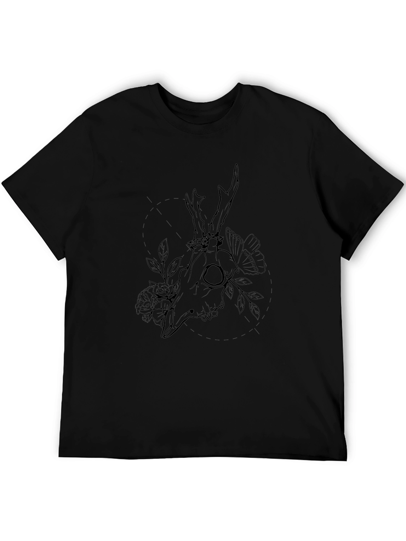 Deer Skull Floral Graphic Tee - Black Cotton
