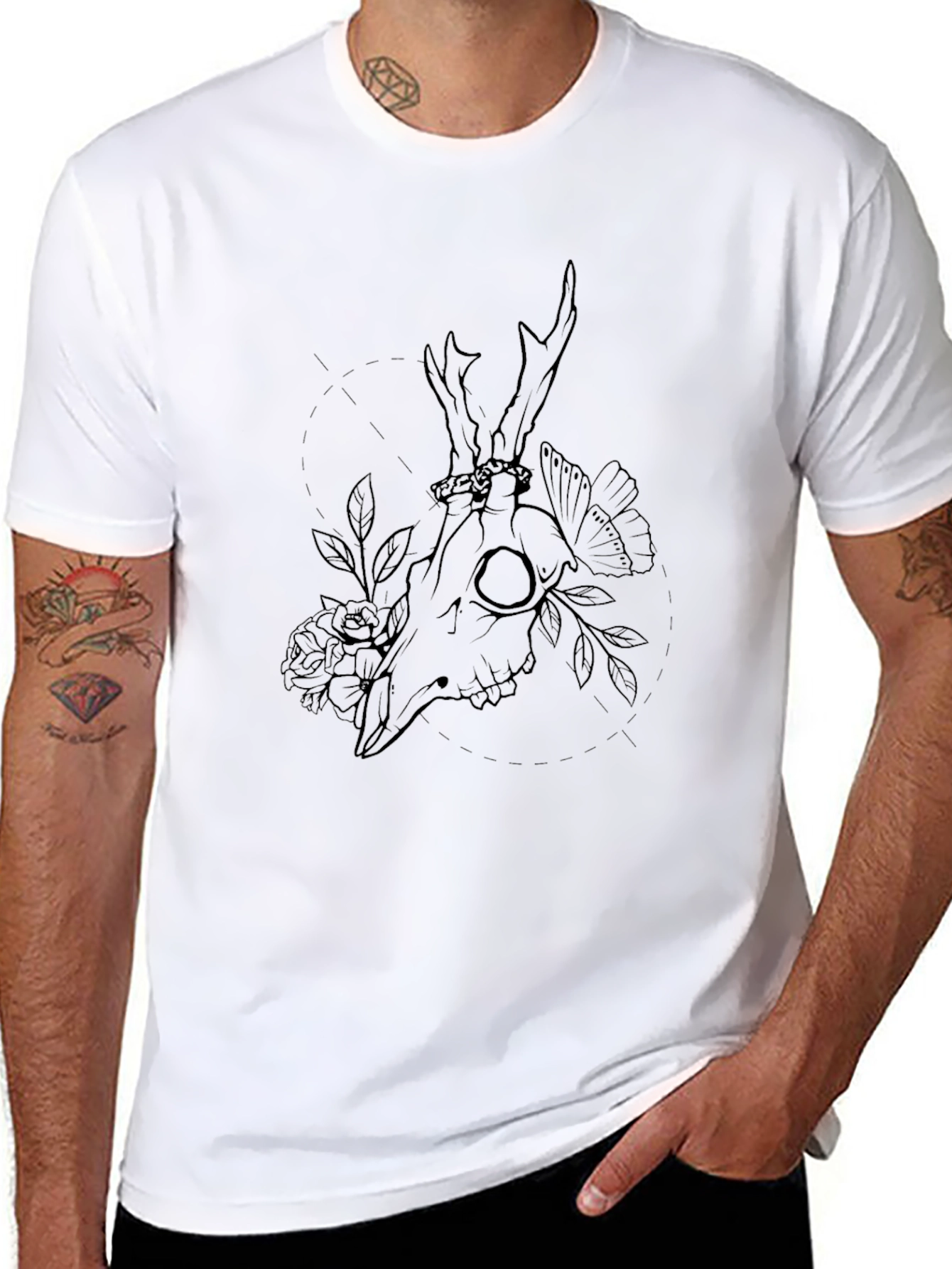 Deer Skull Floral Graphic Tee - Black Cotton