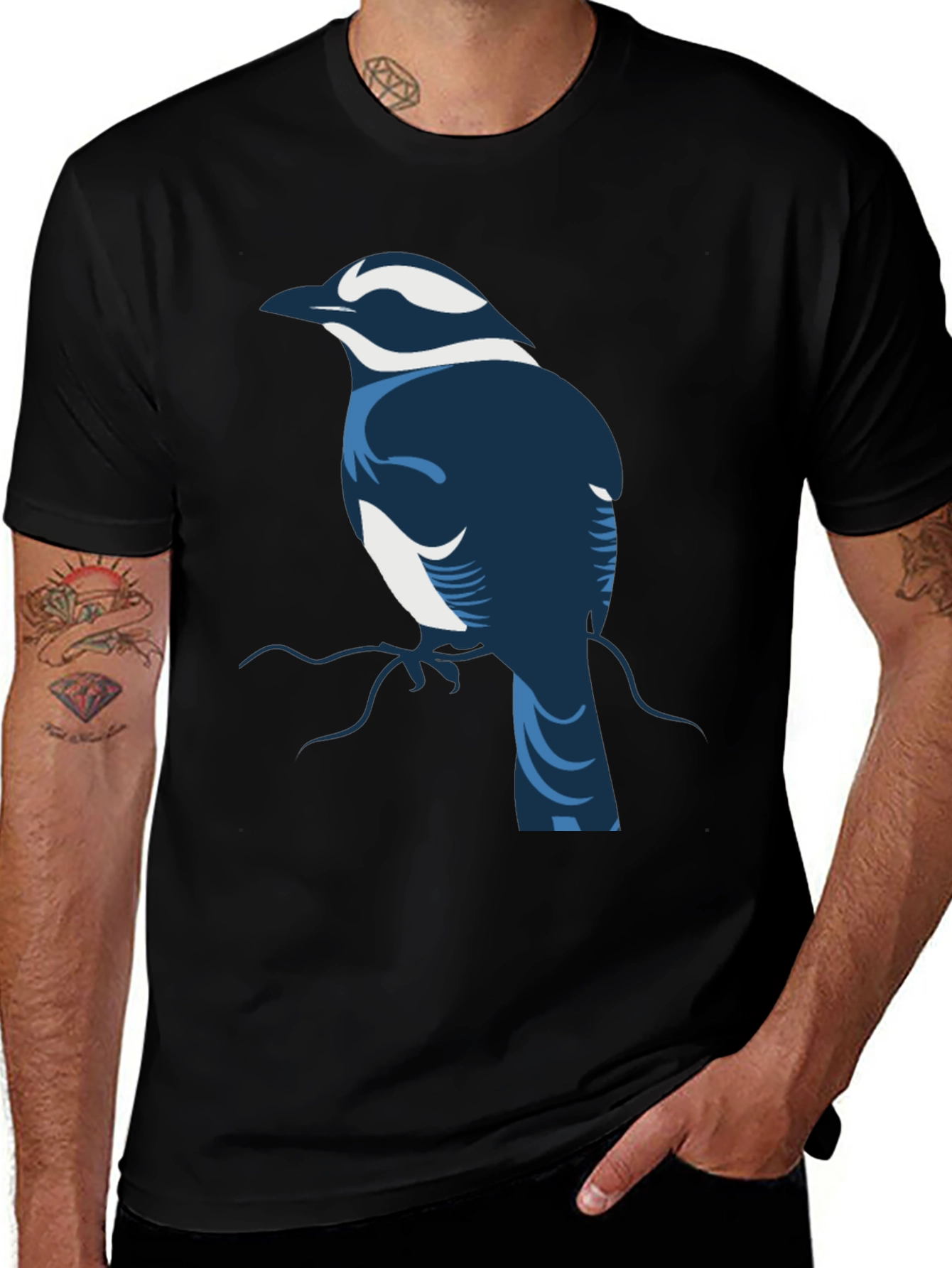Stylized Bird Graphic Tee - Black Cotton Blend