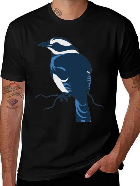 Stylized Bird Graphic Tee - Black Cotton Blend