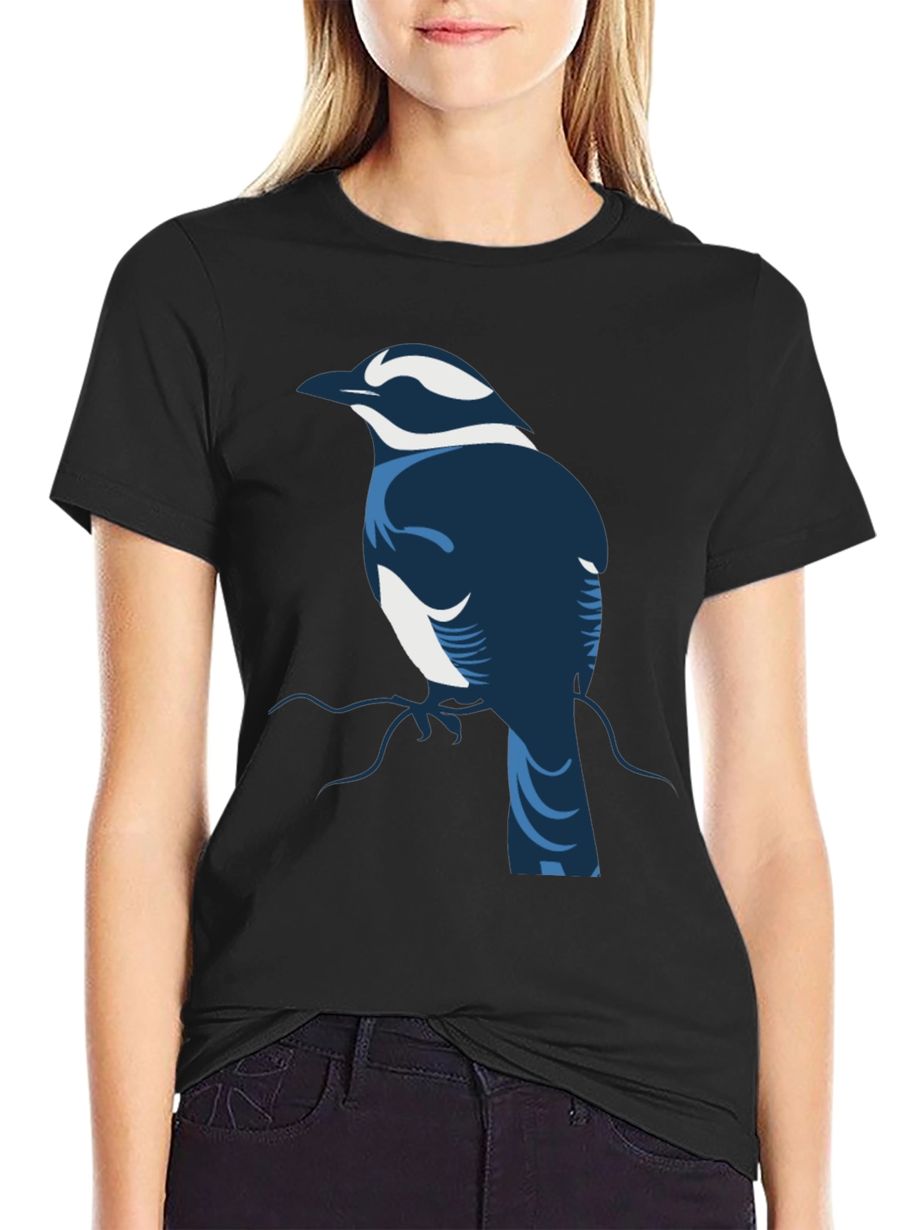 Stylized Bird Graphic Tee - Black Cotton Blend
