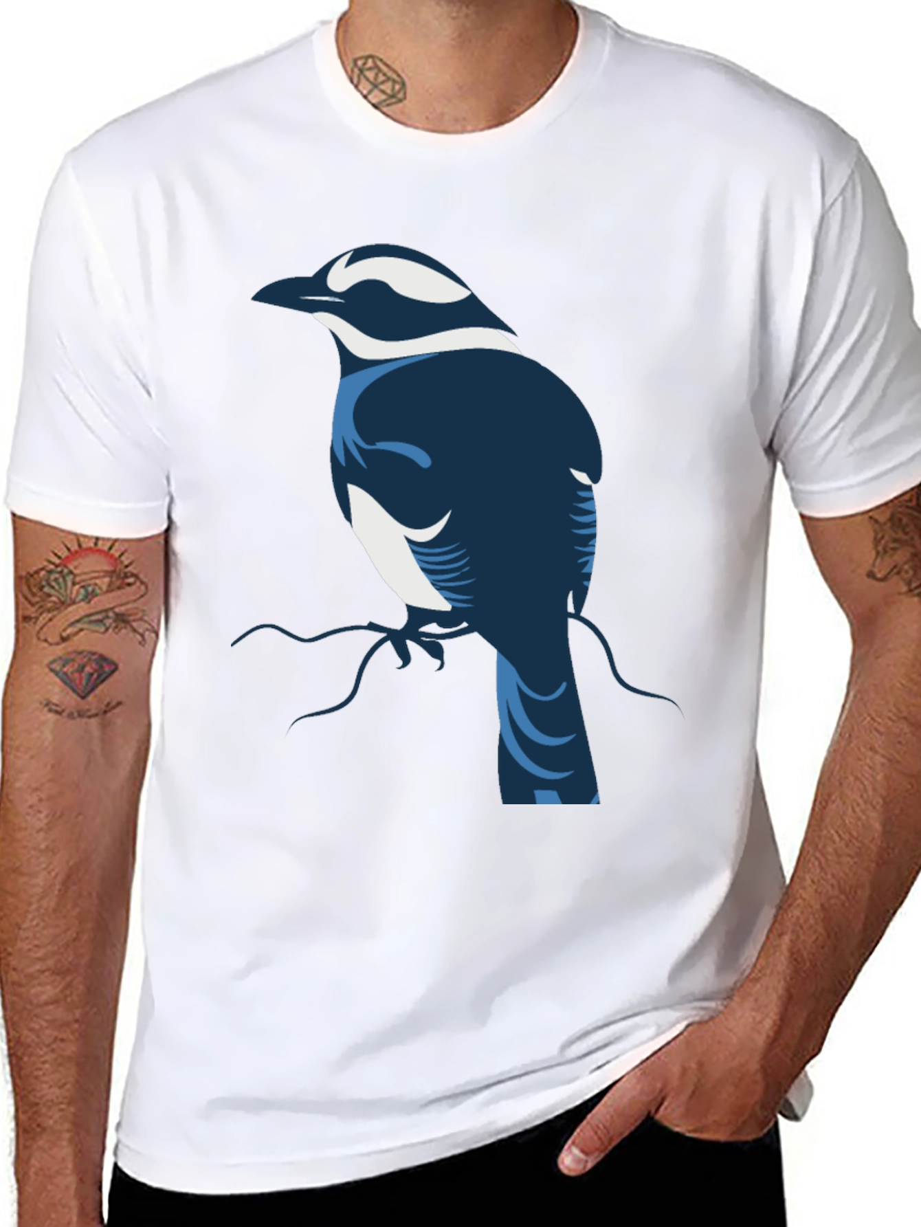 Stylized Bird Graphic Tee - Black Cotton Blend