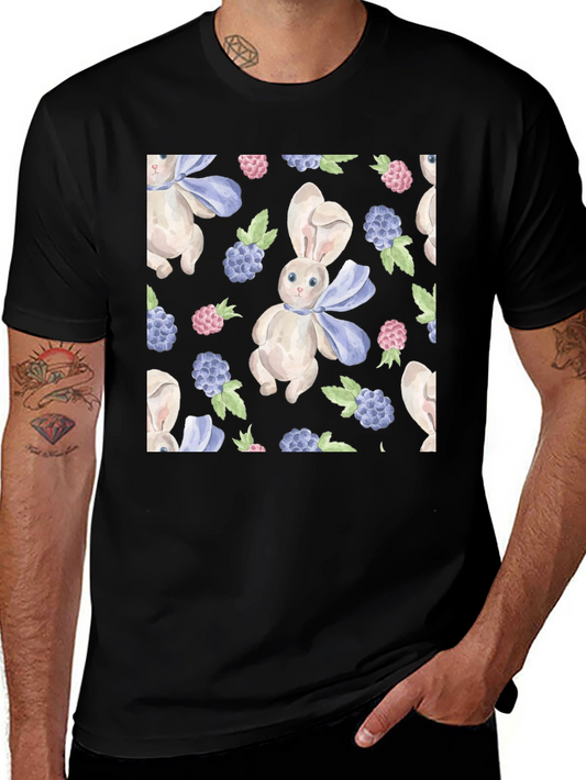 Cute Rabbit & Berry Pattern Black T-Shirt