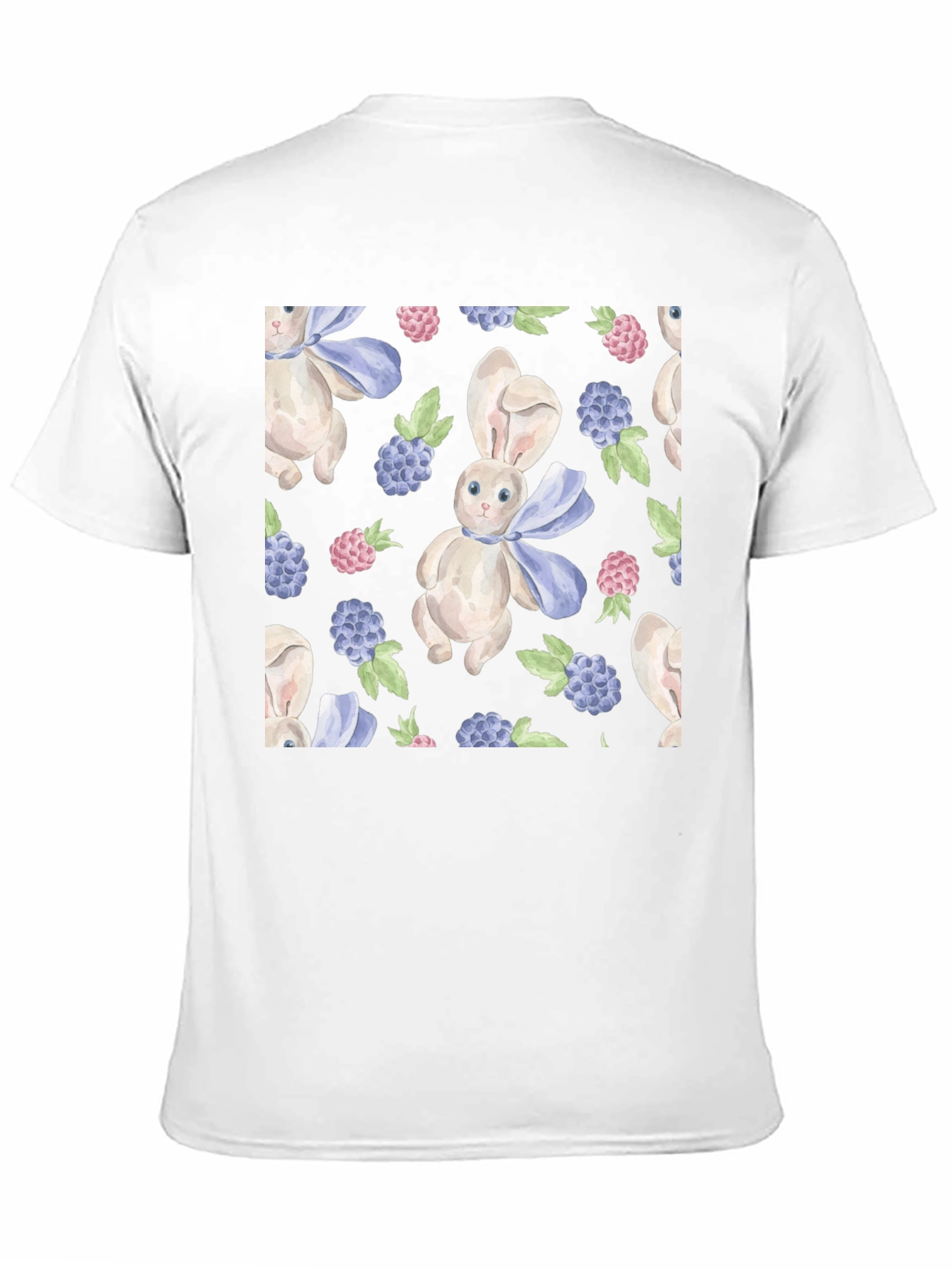 Cute Rabbit & Berry Pattern Black T-Shirt