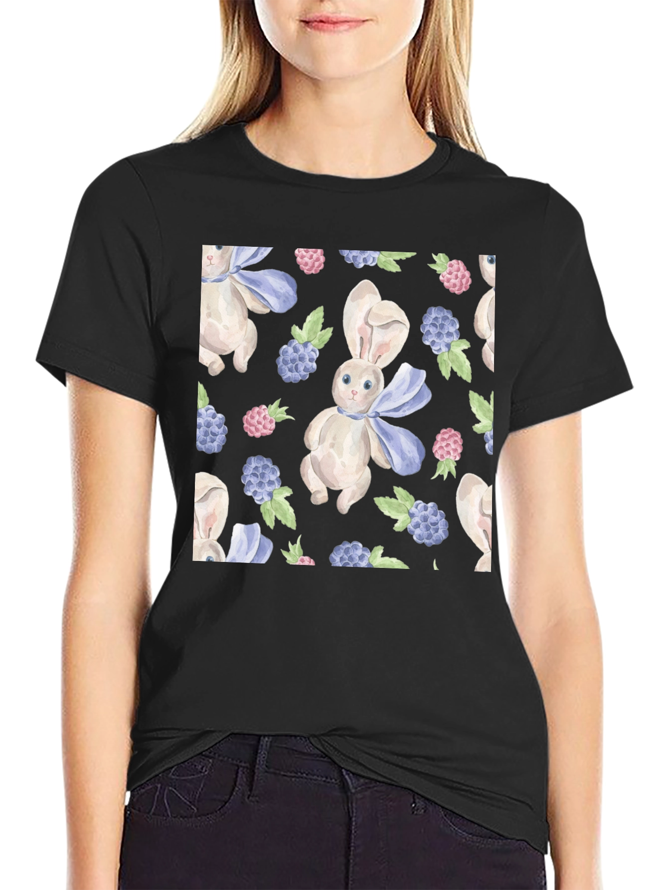 Cute Rabbit & Berry Pattern Black T-Shirt