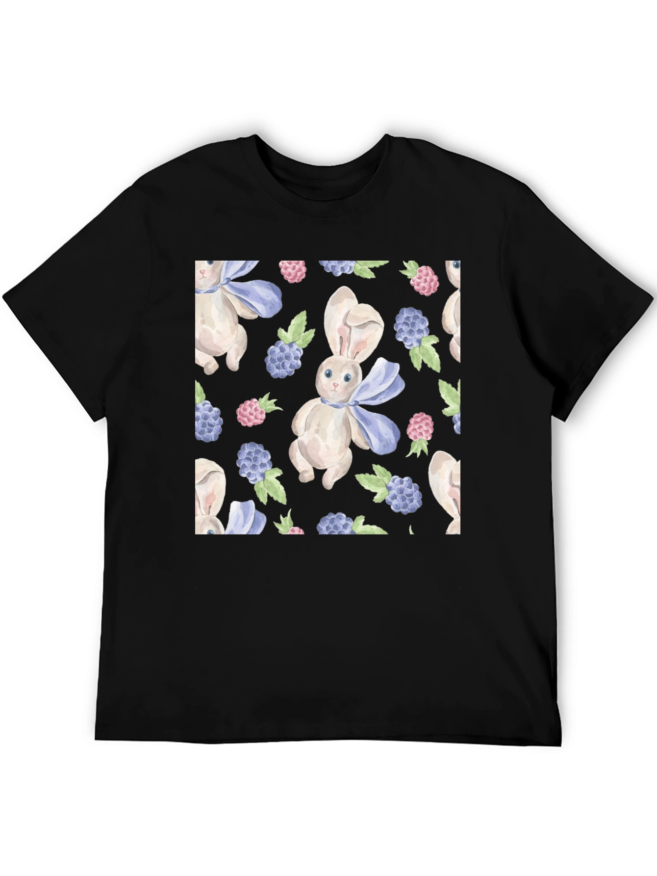 Cute Rabbit & Berry Pattern Black T-Shirt