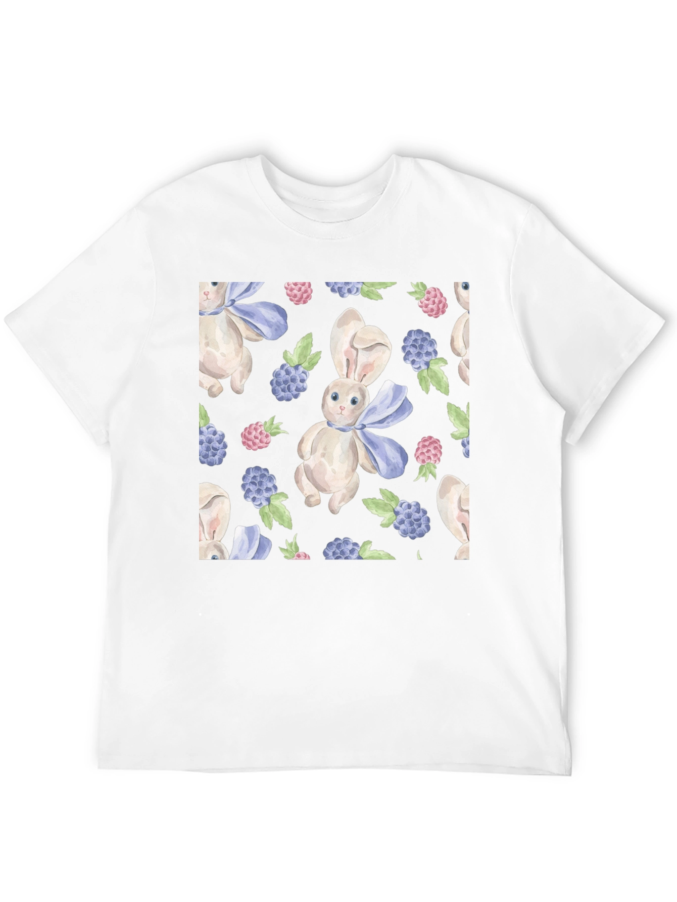 Cute Rabbit & Berry Pattern Black T-Shirt