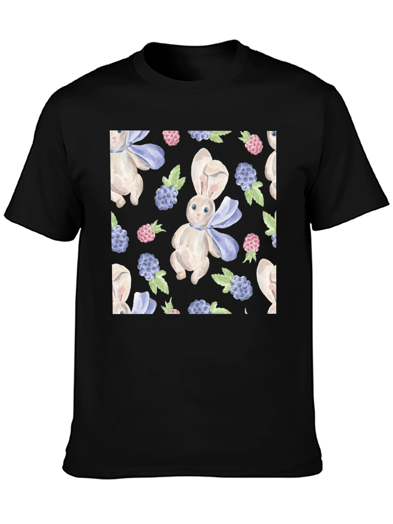 Cute Rabbit & Berry Pattern Black T-Shirt