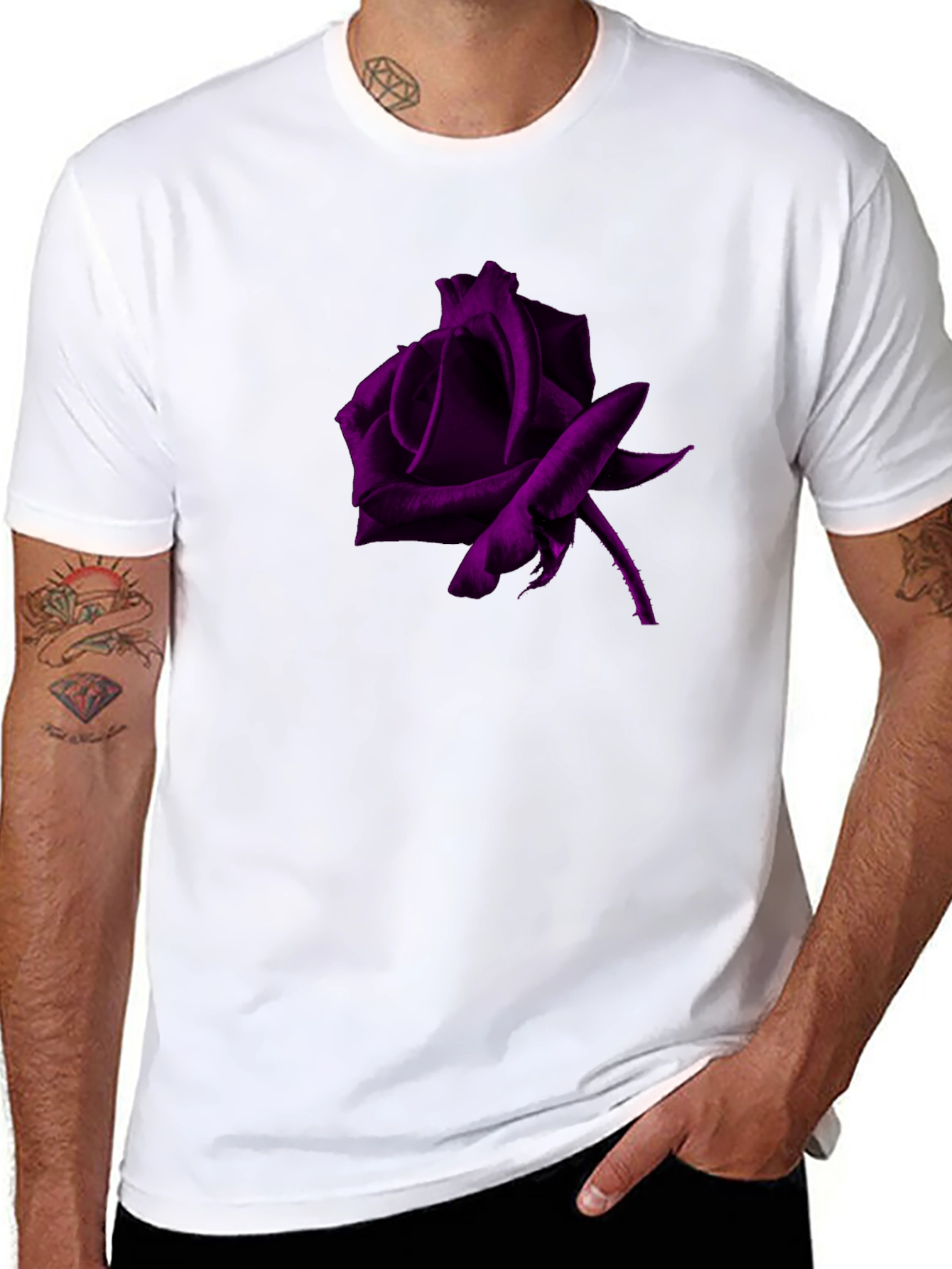 Black T-Shirt with Purple Rose Graphic
