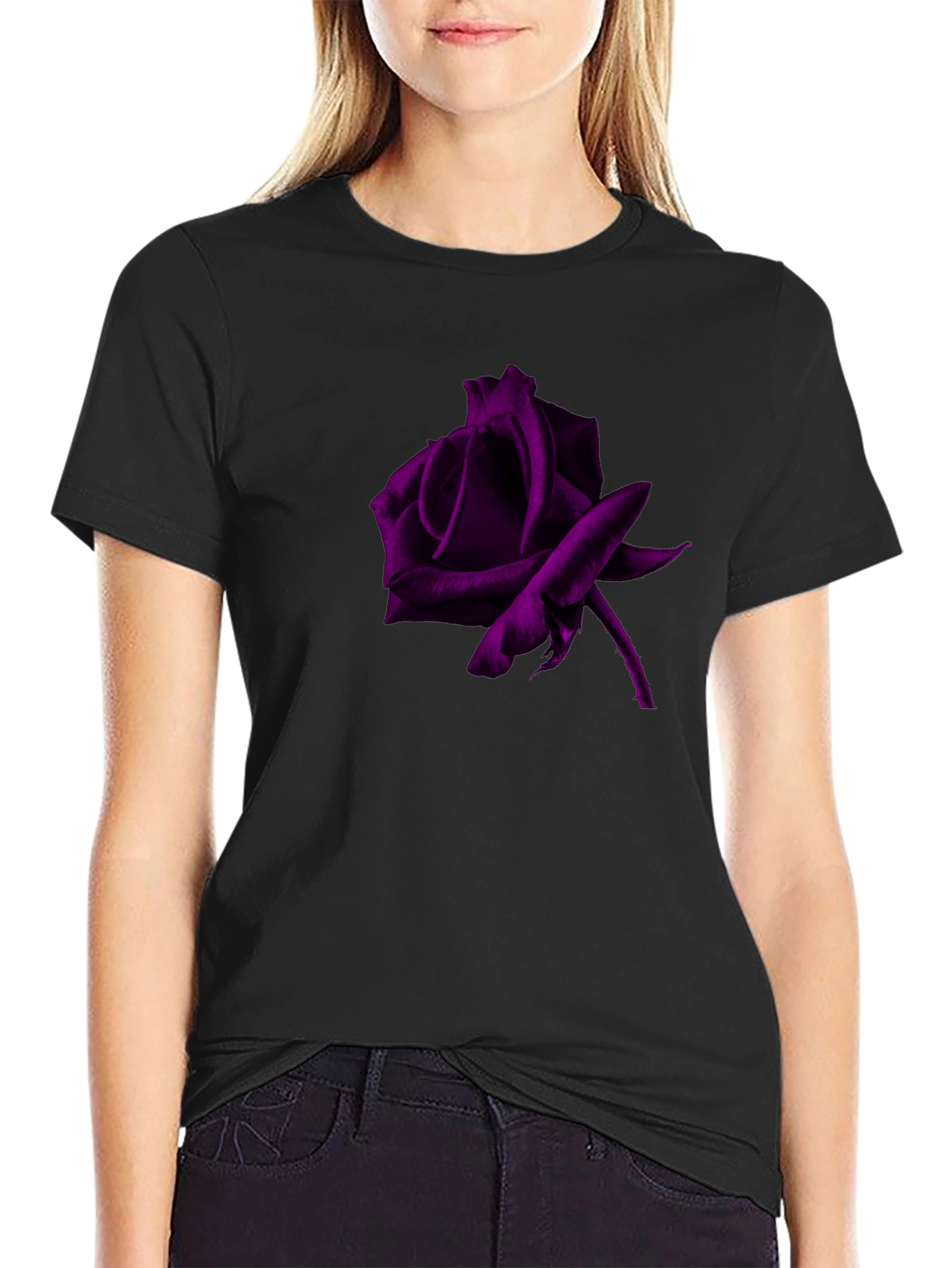 Black T-Shirt with Purple Rose Graphic