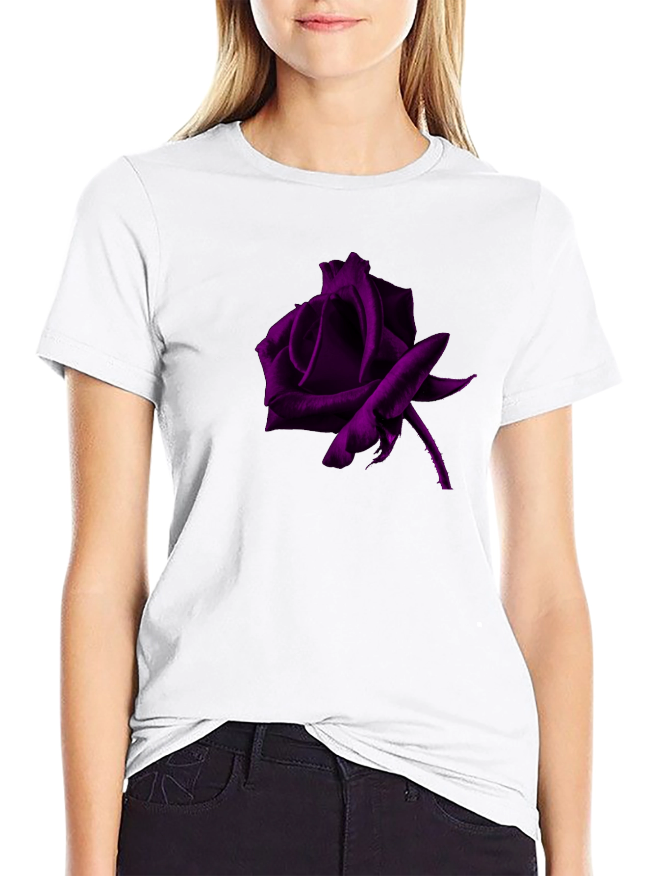 Black T-Shirt with Purple Rose Graphic