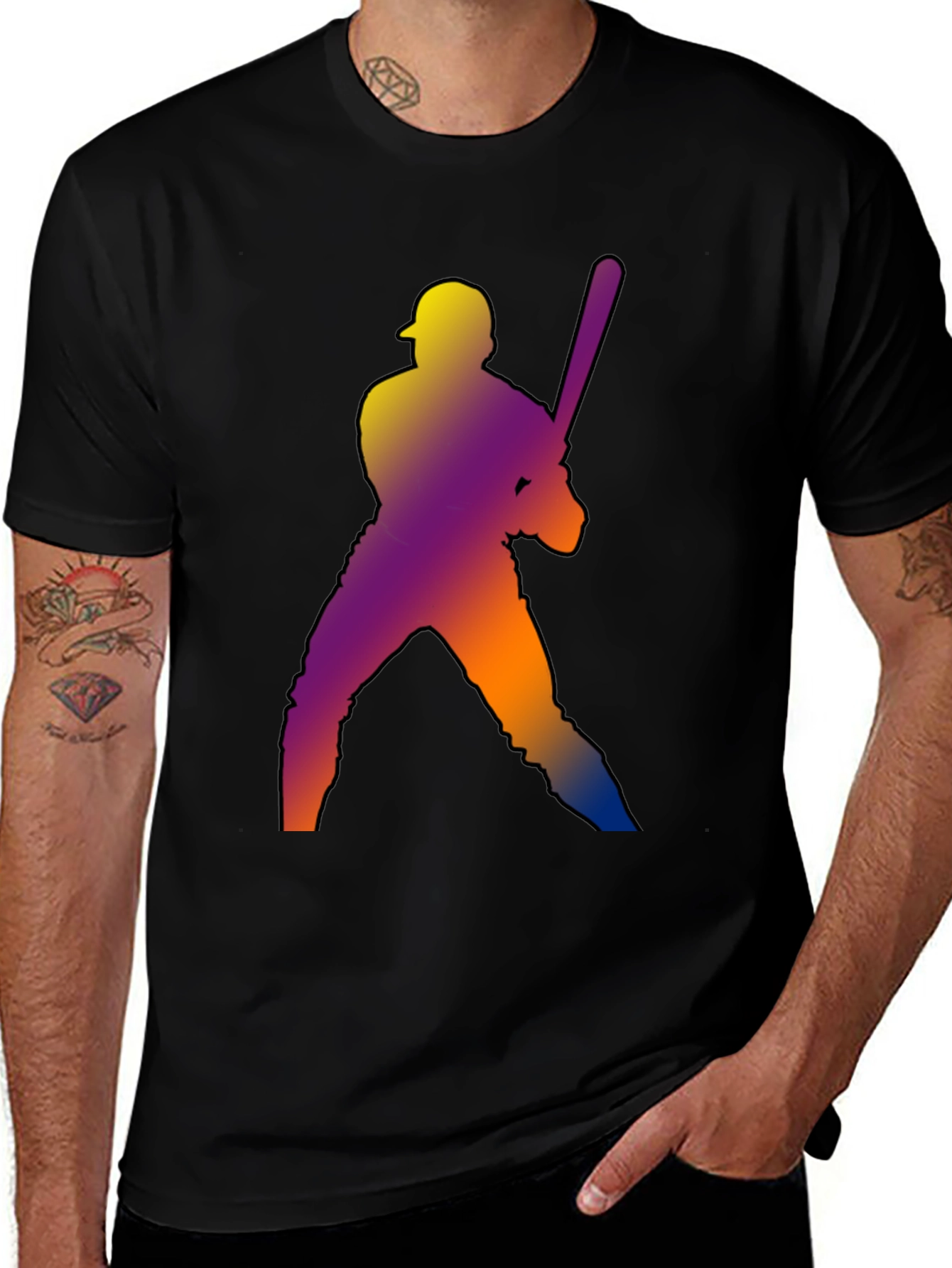 Baseball Player Graphic Tee - Black Cotton Shirt