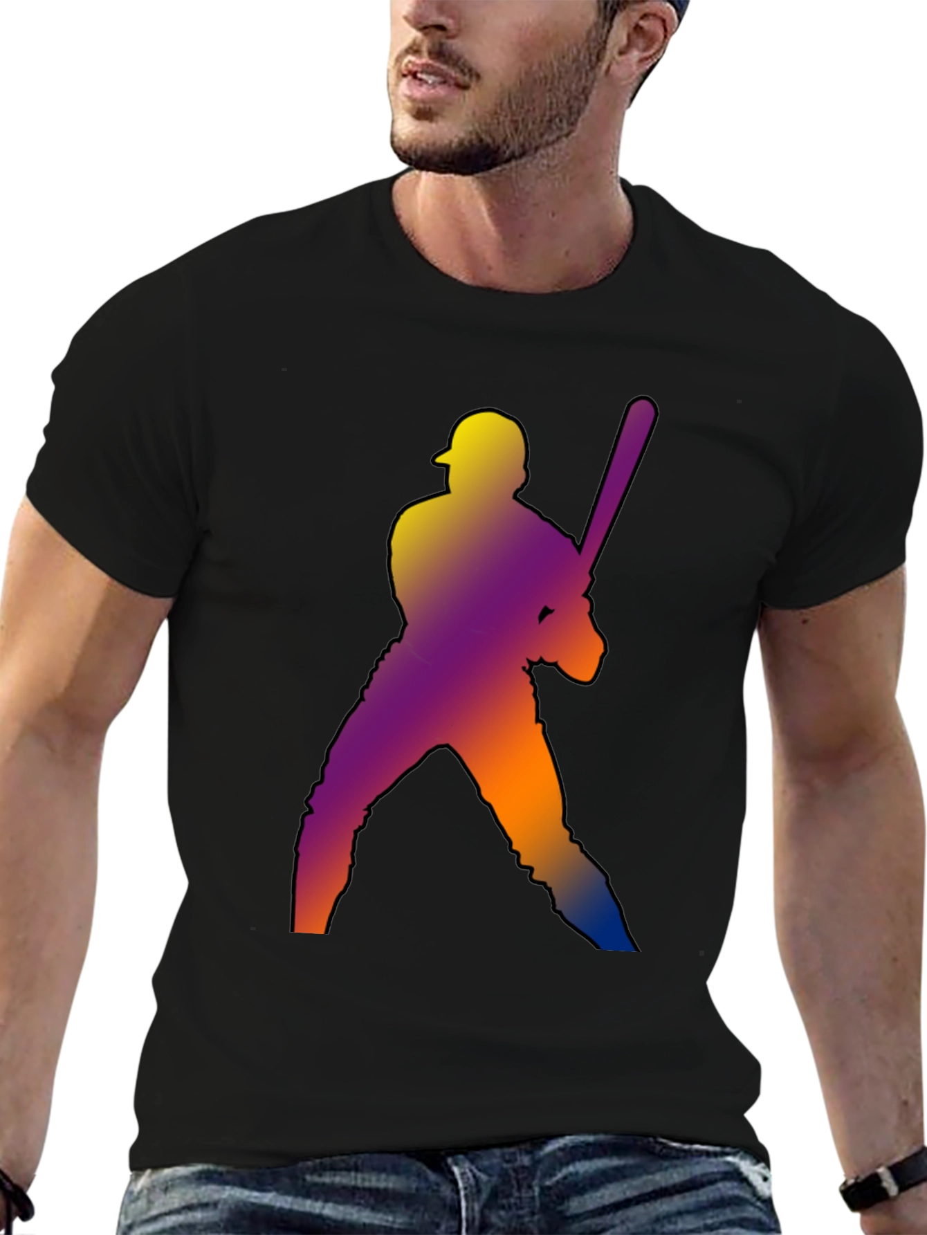 Baseball Player Graphic Tee - Black Cotton Shirt