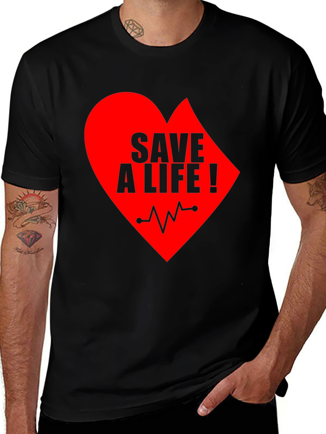 Save A Life Heartbeat T-Shirt - Black Crew Neck
