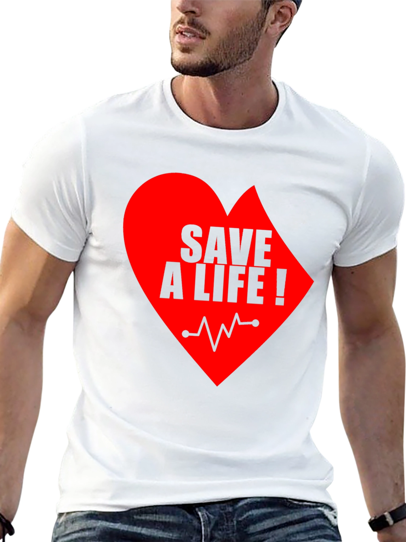 Save A Life Heartbeat T-Shirt - Black Crew Neck