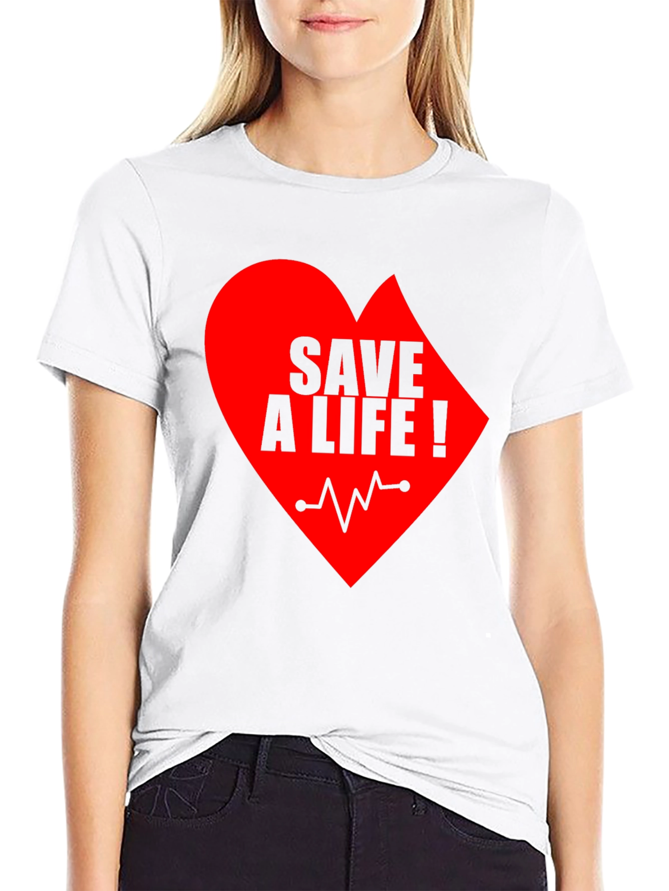 Save A Life Heartbeat T-Shirt - Black Crew Neck
