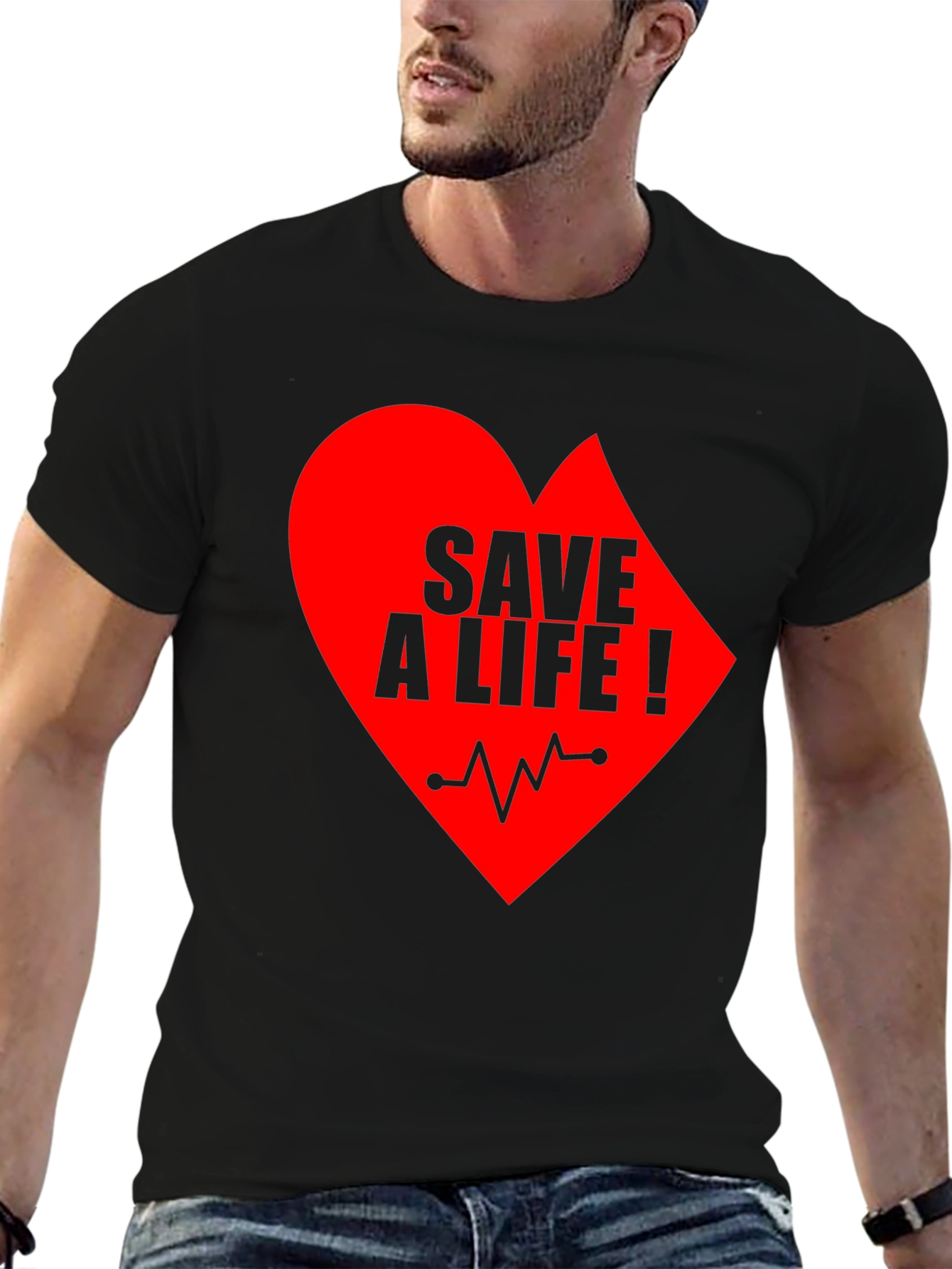 Save A Life Heartbeat T-Shirt - Black Crew Neck