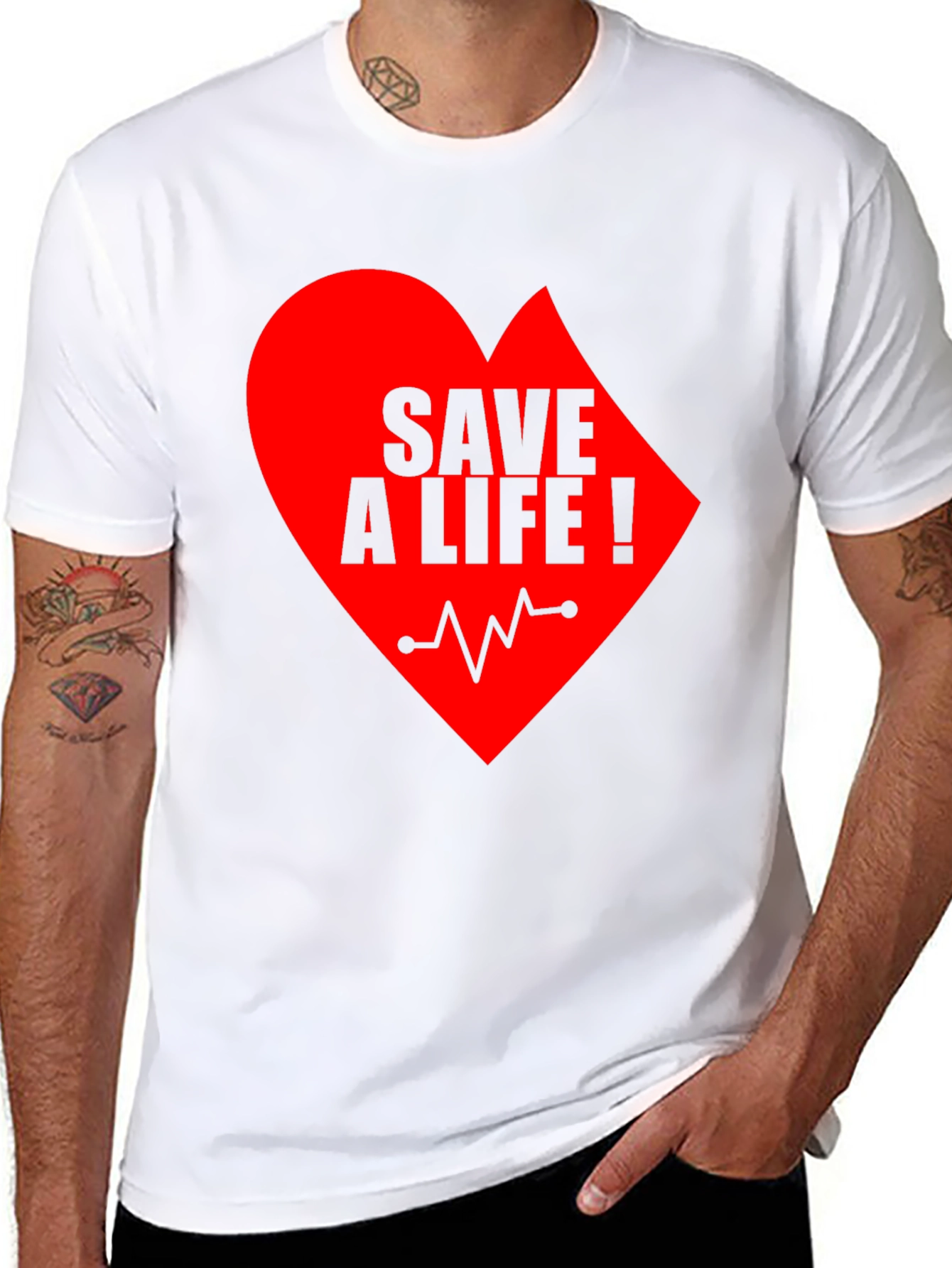Save A Life Heartbeat T-Shirt - Black Crew Neck