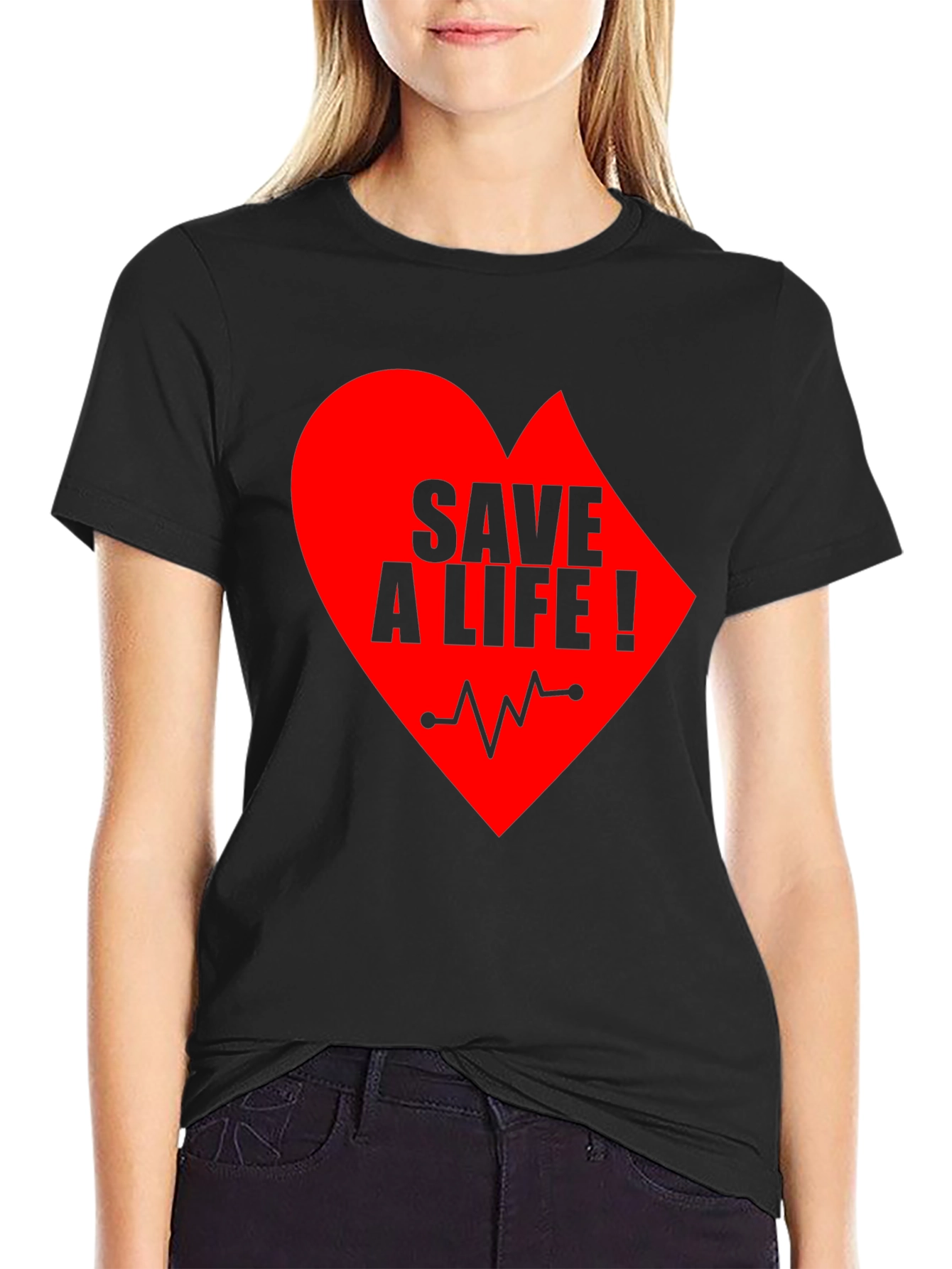 Save A Life Heartbeat T-Shirt - Black Crew Neck