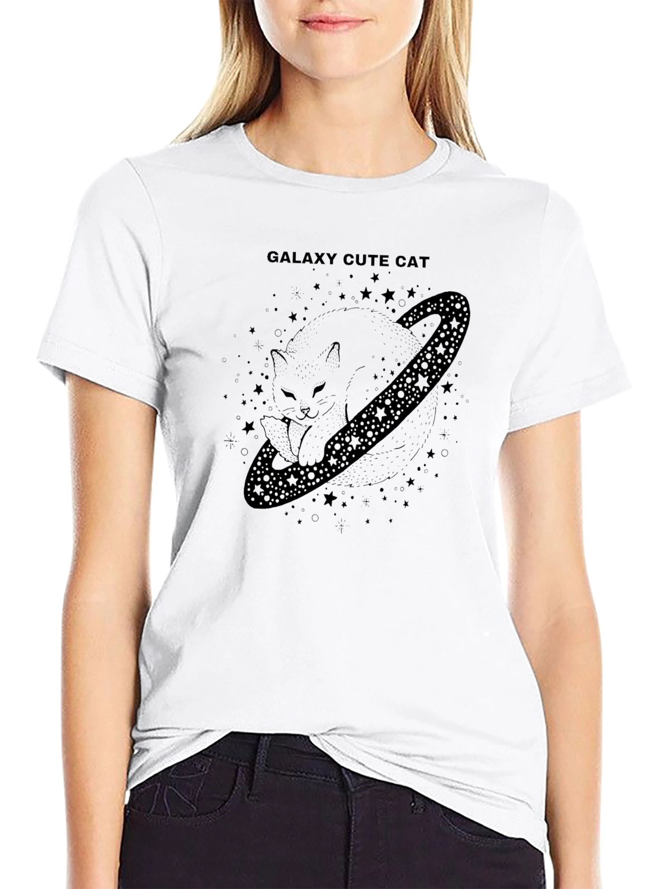 Galaxy Cute Cat Black T-Shirt