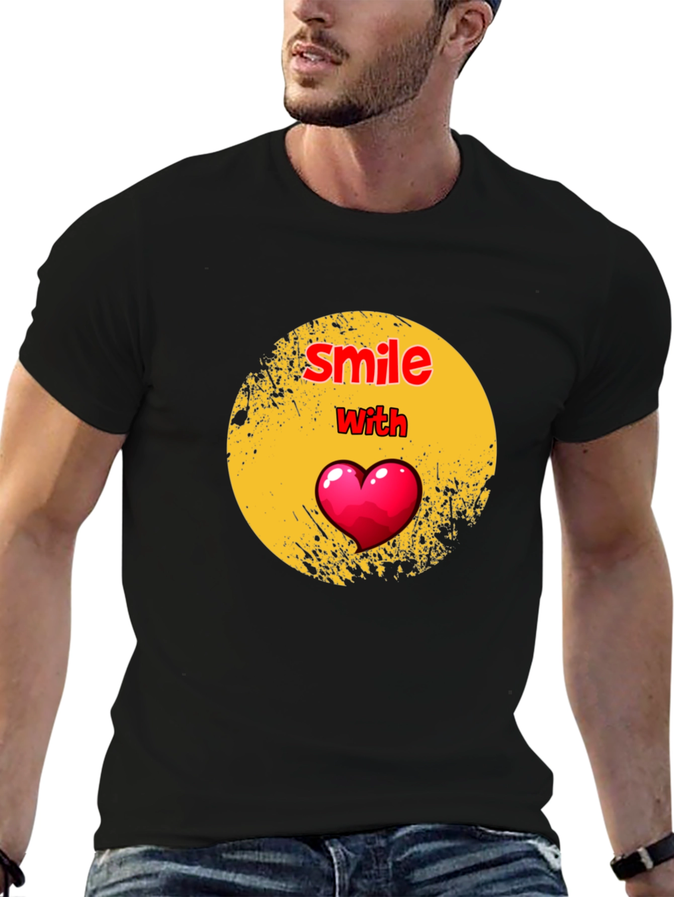 Smile With Heart Graphic Black T-Shirt