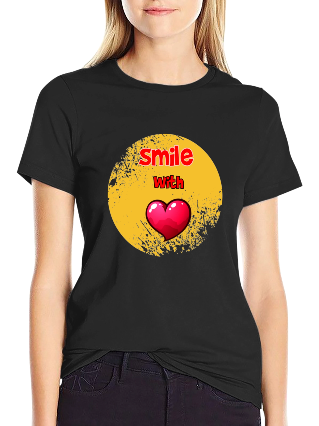 Smile With Heart Graphic Black T-Shirt